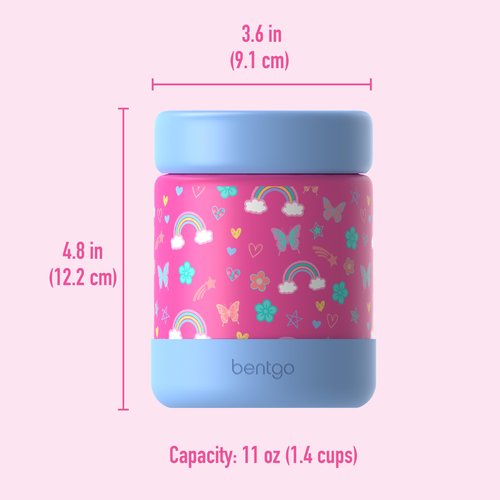 Bentgo Kids Stainless Steel Food Jar - 11oz Leak-Proof Double Insulated Hot or Cold Food Container with Removable Silicone Bumper, Dishwasher Safe, Easy Open Lid, Ages 3+ (Rainbows and Butterflies)