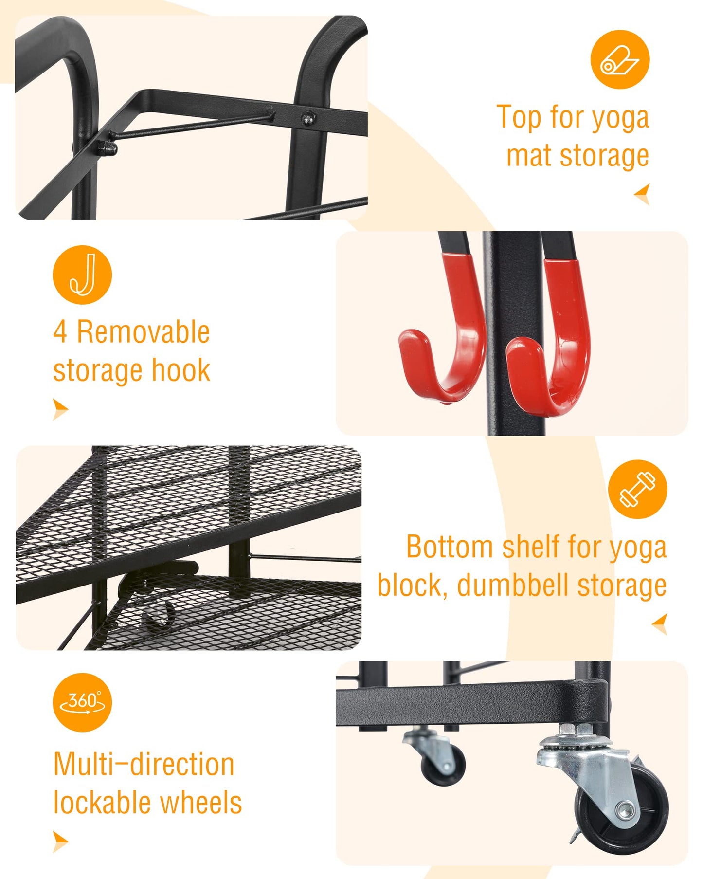 PLKOW Yoga Mat Storage Rack, Home Gym Organizer for Foam Roller, Resistance Bands, Block and Dumbbells, Rolling Workout Rack With Wheels and Hooks, Powder Coated Finish Steel