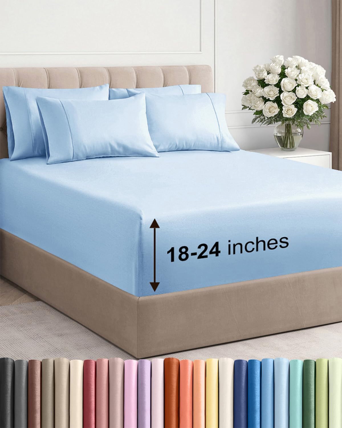 Skiennix Extra Deep Cal King Sheet Set - 6 Piece Breathable Cooling Bedding - Soft Wrinkle-Free Light Blue