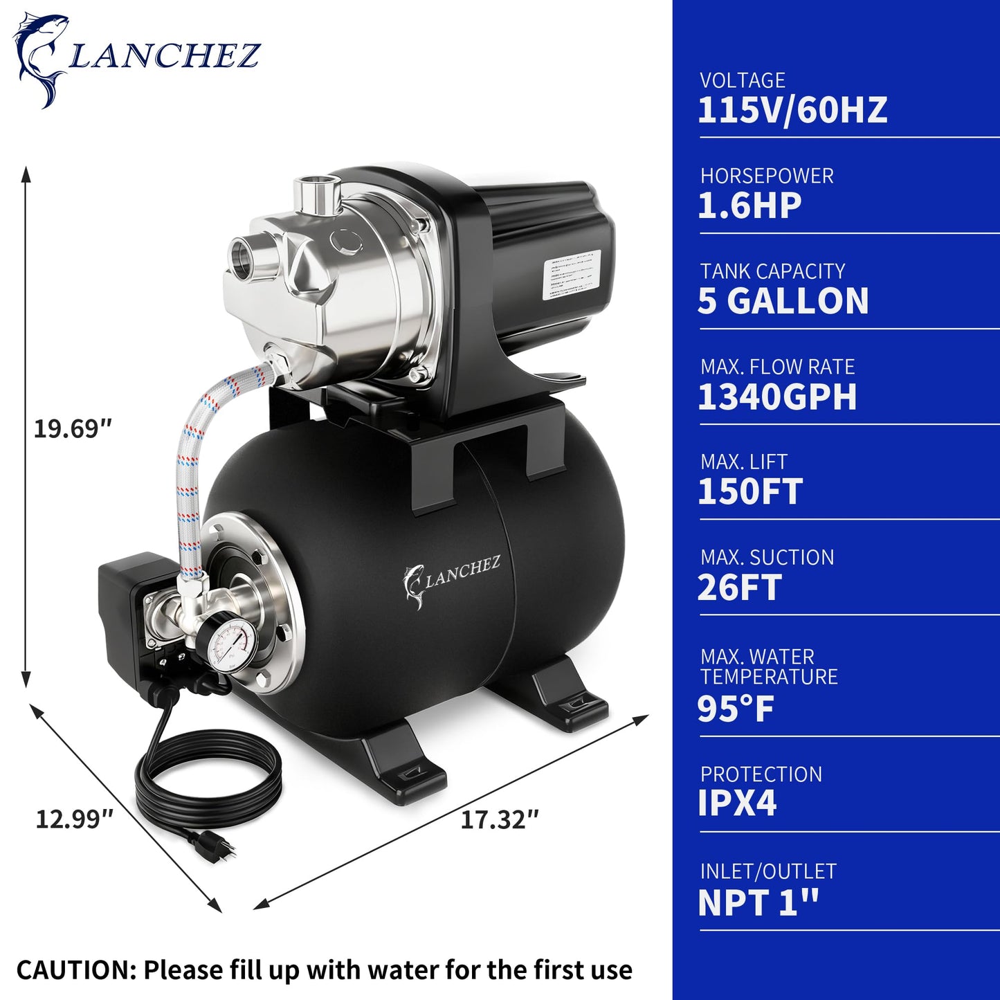 LANCHEZ Shallow Well Pump, Stainless Steel Water Transfer Pump, 115V Garden Irrigation Pump, Water Booster Jet Pump for Home Garden Lawn Farm, Matte black