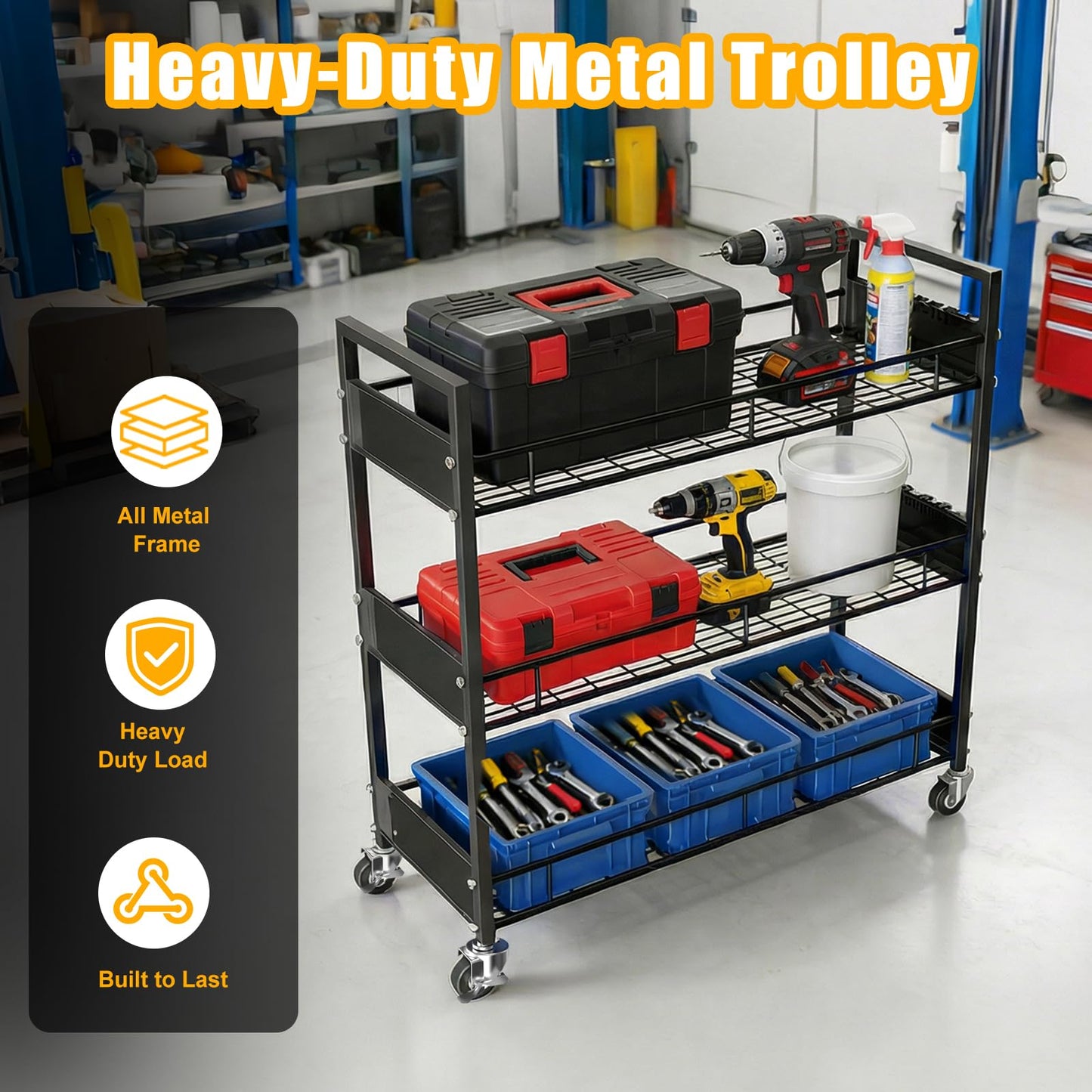 Heavy-Duty 3-Tier Metal Utility Cart with Locking Casters – 330 LBS Load Capacity Rolling Storage Organizer, Quiet Wheels, Free Plastic Bins & Hooks for Home, Garage, Workshop, Hotel, Kitchen