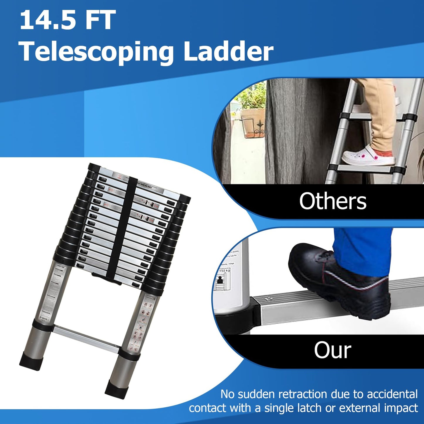 WFLNHB 14.5 FT Telescoping Ladder One Button Retraction Aluminum Extension Ladder Collapsible Suitable for Outdoor or Indoor