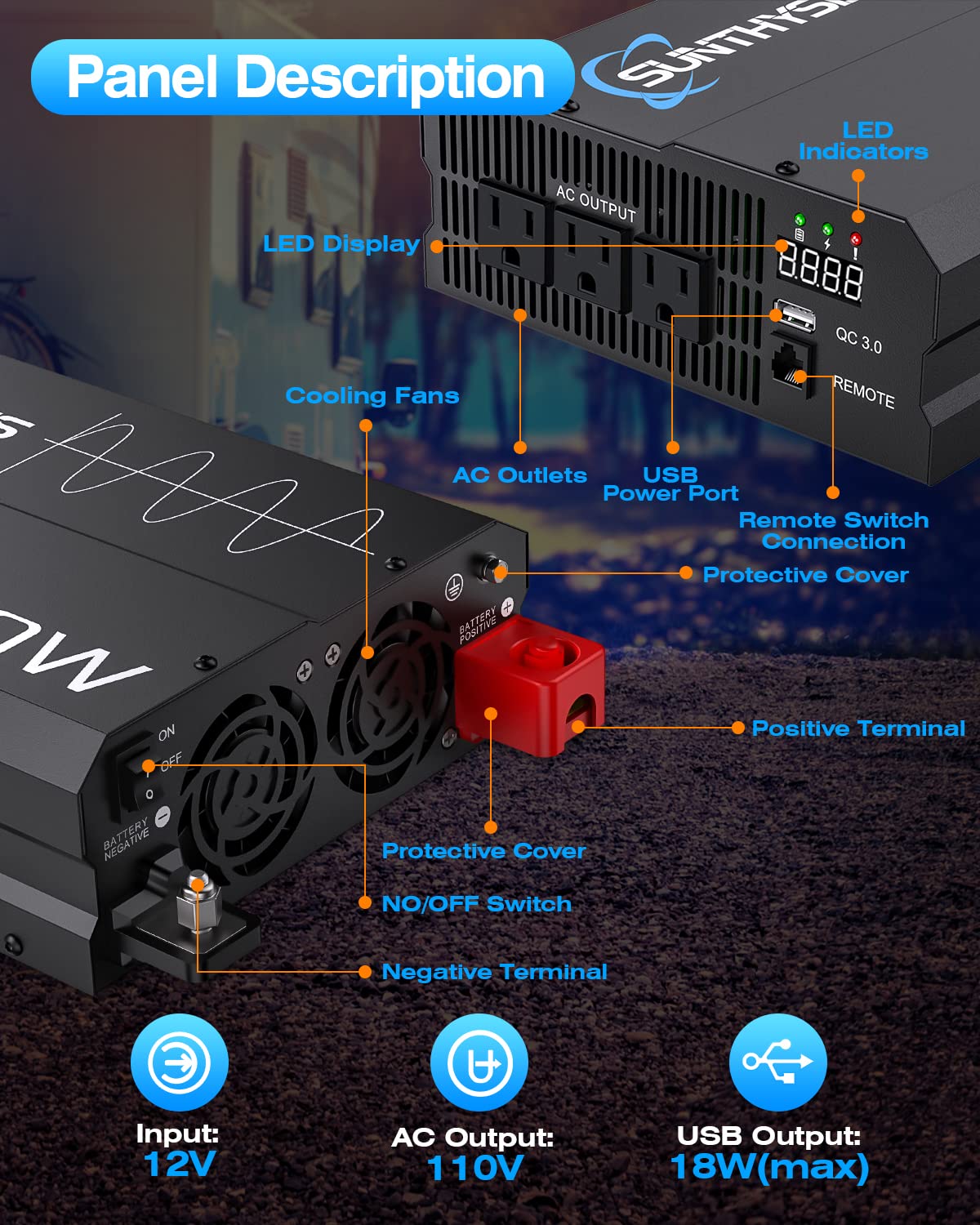 4000W Pk Pure Sine Wave Power Inverter 12V DC to 120V AC, Power Inverter 12V to 110V with QC3.0 USB, 3 AC Outlets, Off-Grid Solar Starlinks System Converter for Home, RV, Remote Controller