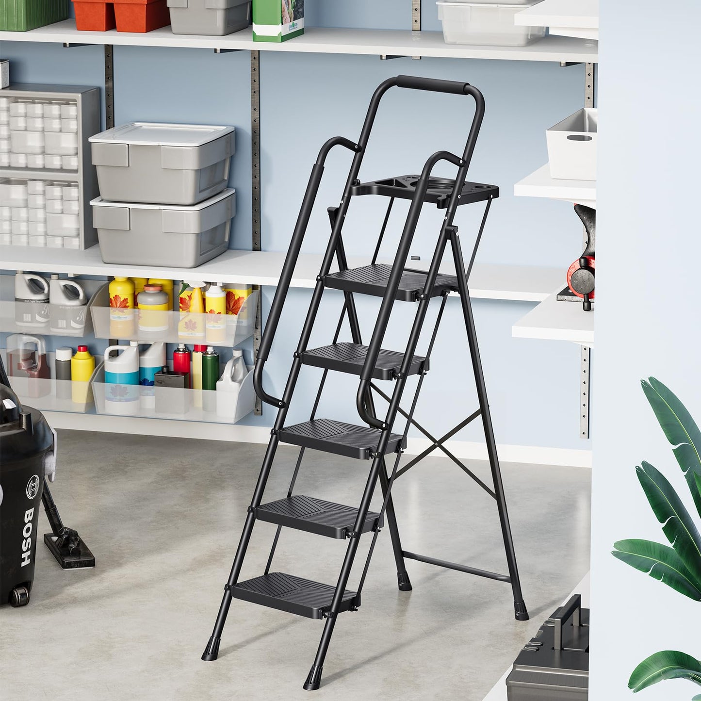 KINGRACK 5 Step Ladder, Folding Step Stool with Safe-Lock Design, 500 lbs Sturdy Steel Ladder with Tool Platform, Wide Anti-Slip Pedal, Convenient Handrail for Household and Kitchen, Black
