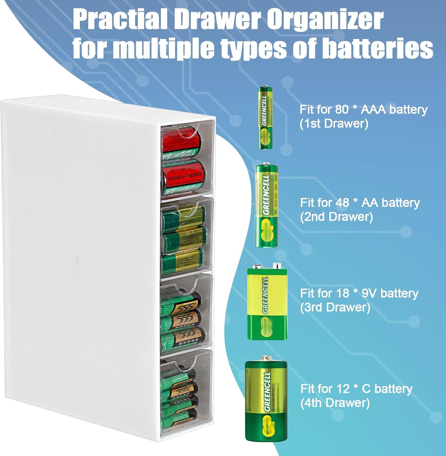 1 Pack 9V, 4-Drawer Common BTSKY White Acrylic Battery Storage Organizer for AA, AAA, C Batteries, Storage Box Battery