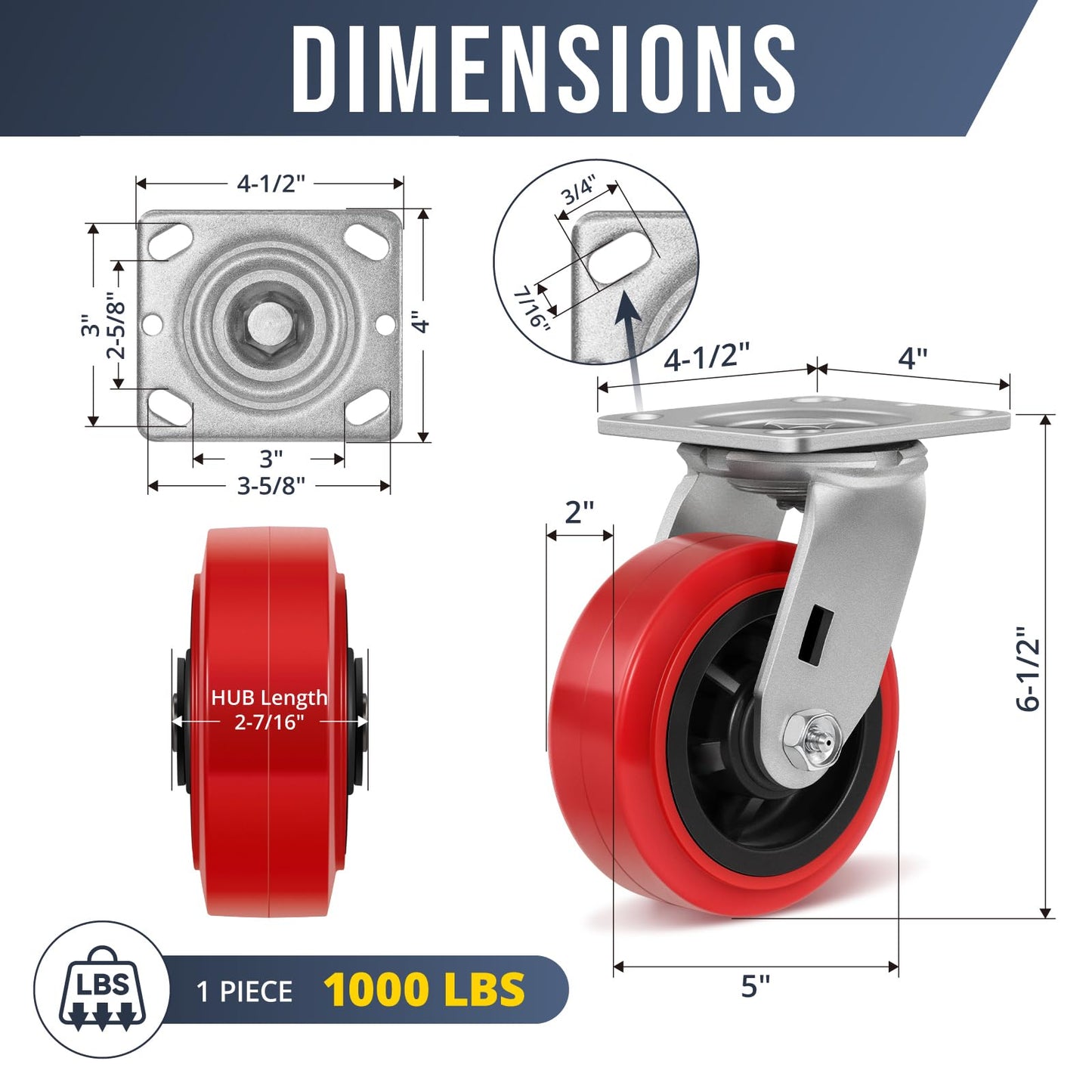 HANDSAMMU 5 inch Industrial Casters-Polyurethane on Polypropylene Swivel Casters, Heavy Duty Casters with 1000 lb Capacity, Caster Wheels for Toolbox, Workbench, Industrial Equipment(2 Pack Swivel)