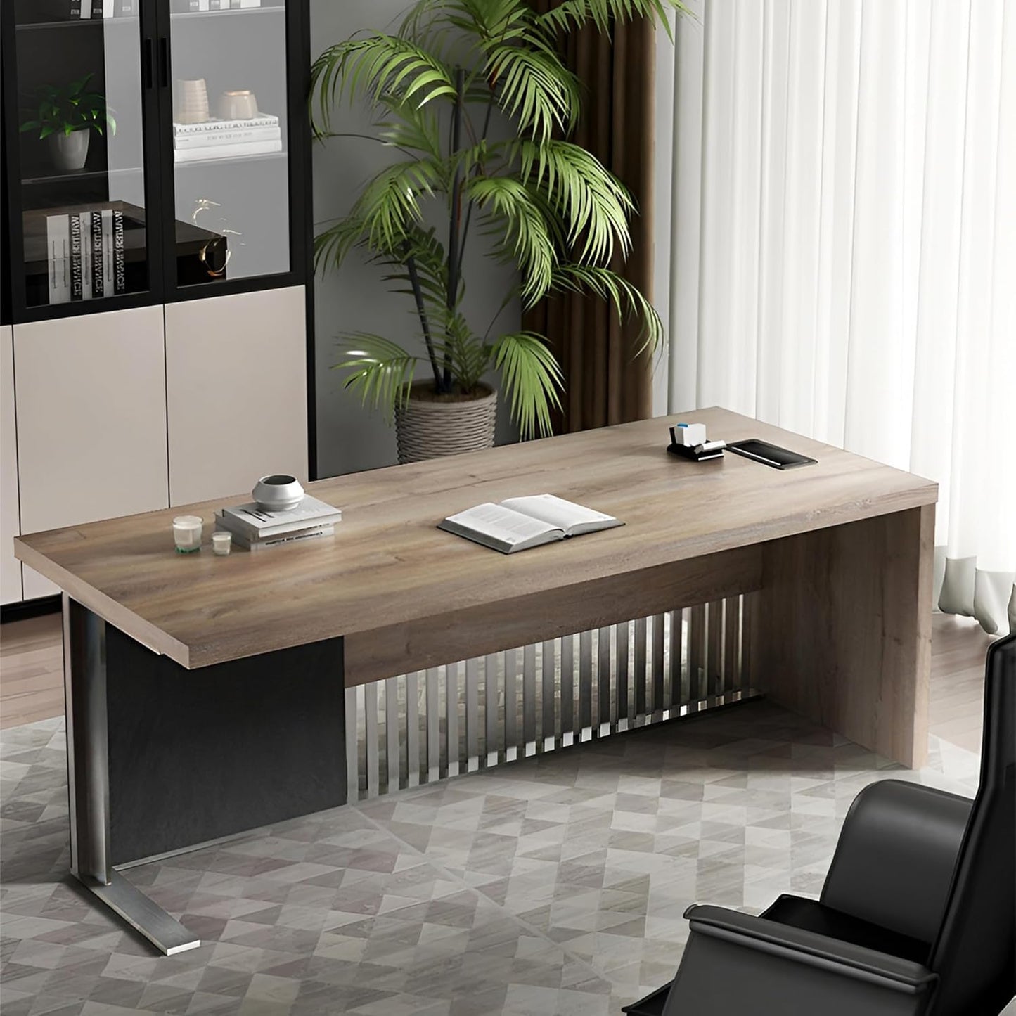 63 Inch Modern Executive Office Desk, Computer Writing Desk for Home Office, Business Furniture Workstation Stainless Steels Sturdy Frame 1.97IN Thick Desktop(Right, 63×31.5×30 in)