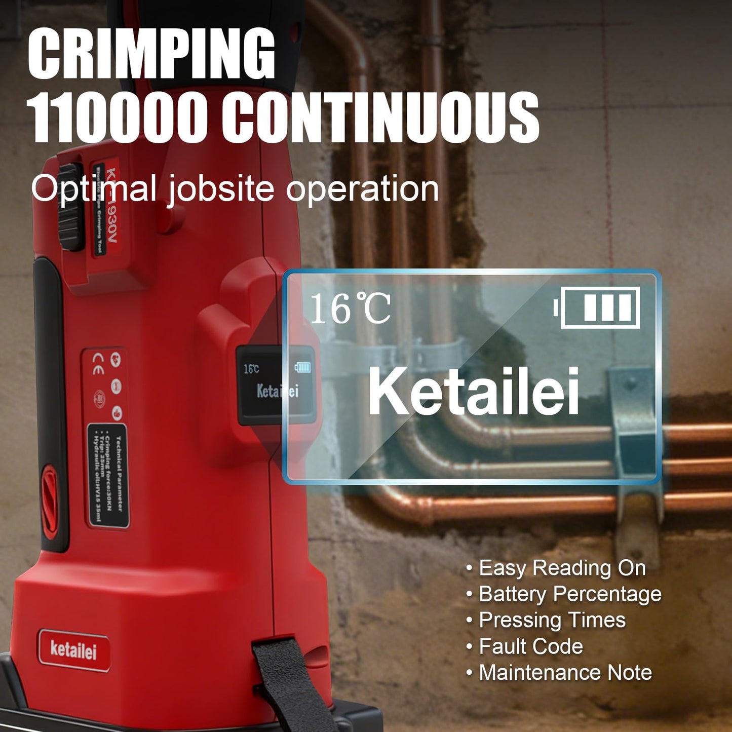 ketailei KF-1930V Cordless Copper Pipe Crimping Tool for Plumbing, 5.0Ah Battery Powered with VUS 1/2" 3/4" 1" 1-1/4" Crimping Dies, 350° Rotatable Head（KF-1930V）