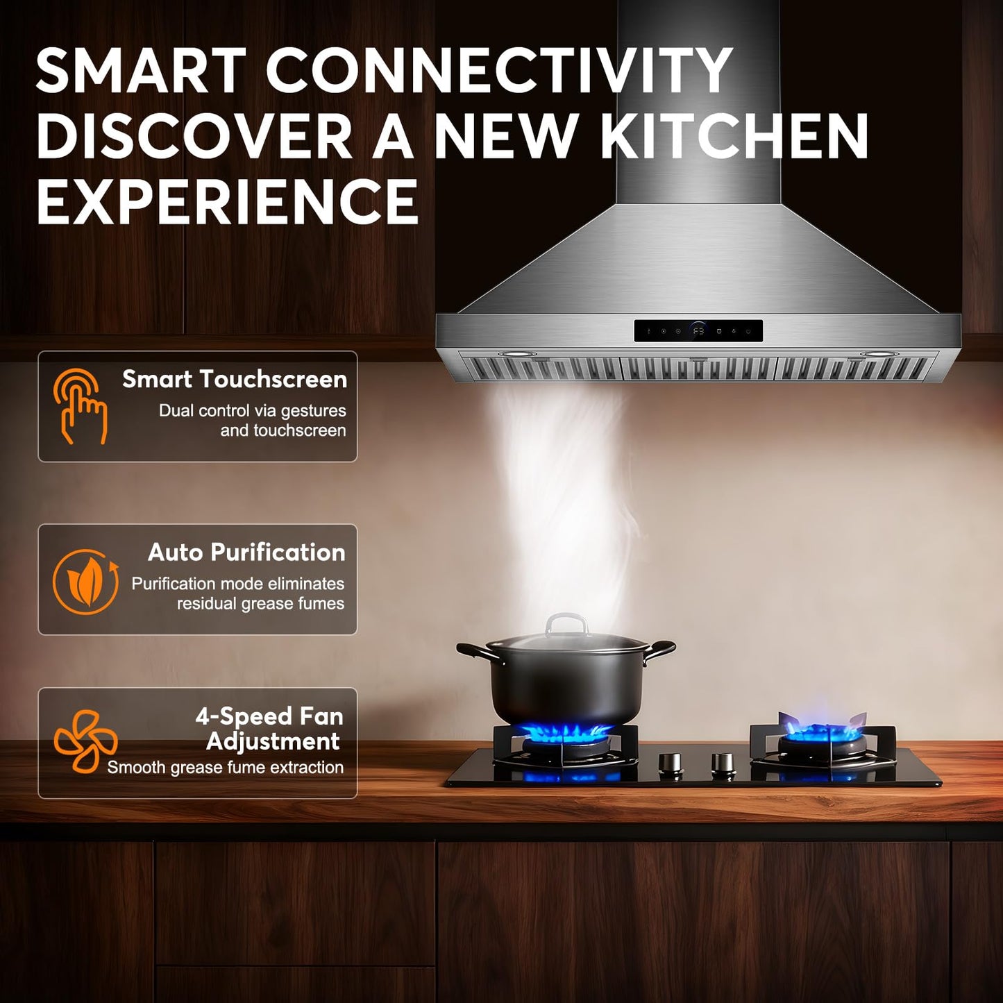 TAZPI 36 Inch Wall Mount Range Hood 1200 CFM, 4 Speed Remote Control Kitchen Wall Mount Range Hood with Motion Sensor & Adjustable LED Lighting Ducted/Ductless Convertible Pro Series