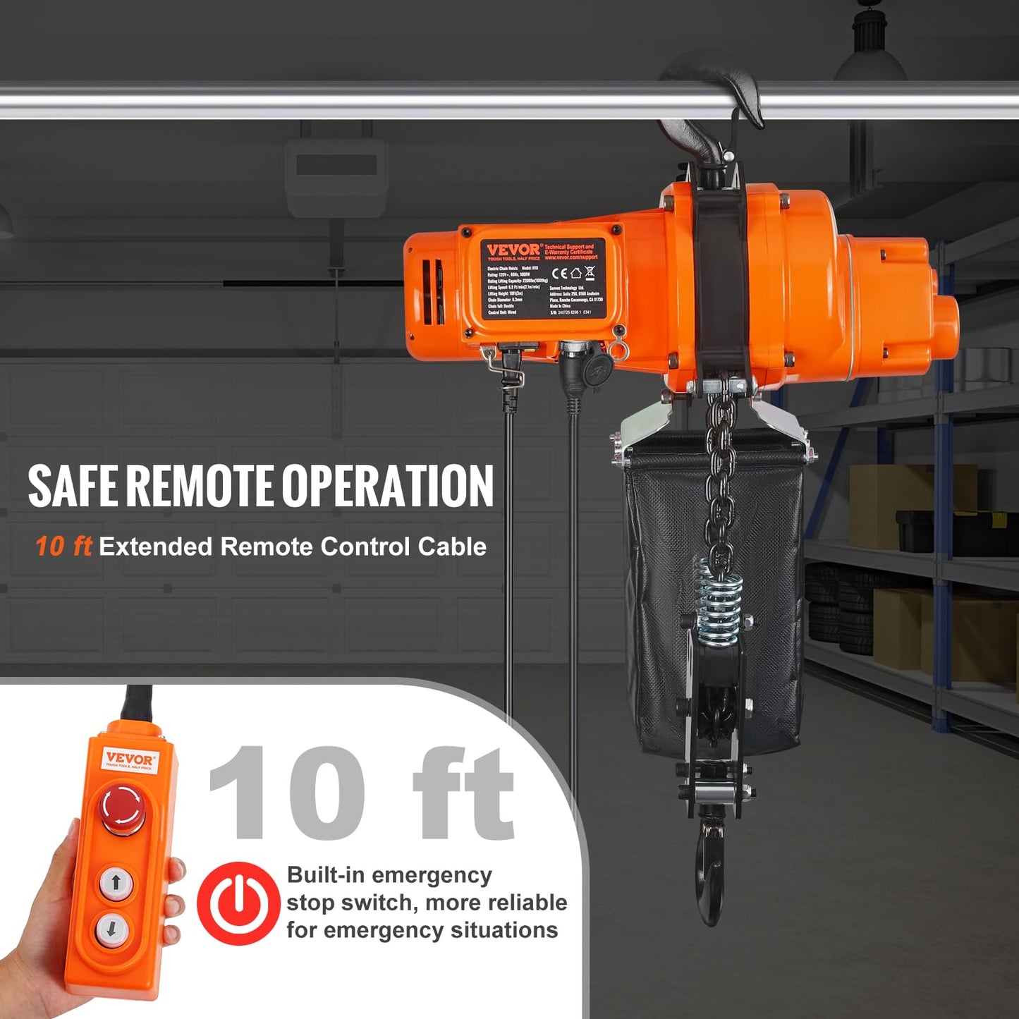 VEVOR Electric Chain Hoist, 2200 lbs Load Capacity, 10 ft Lifting Height, 120V Single Phase Overhead Crane with Chain, 10 ft Wired Remote Control for Garage, Shop, Hotel, and Home
