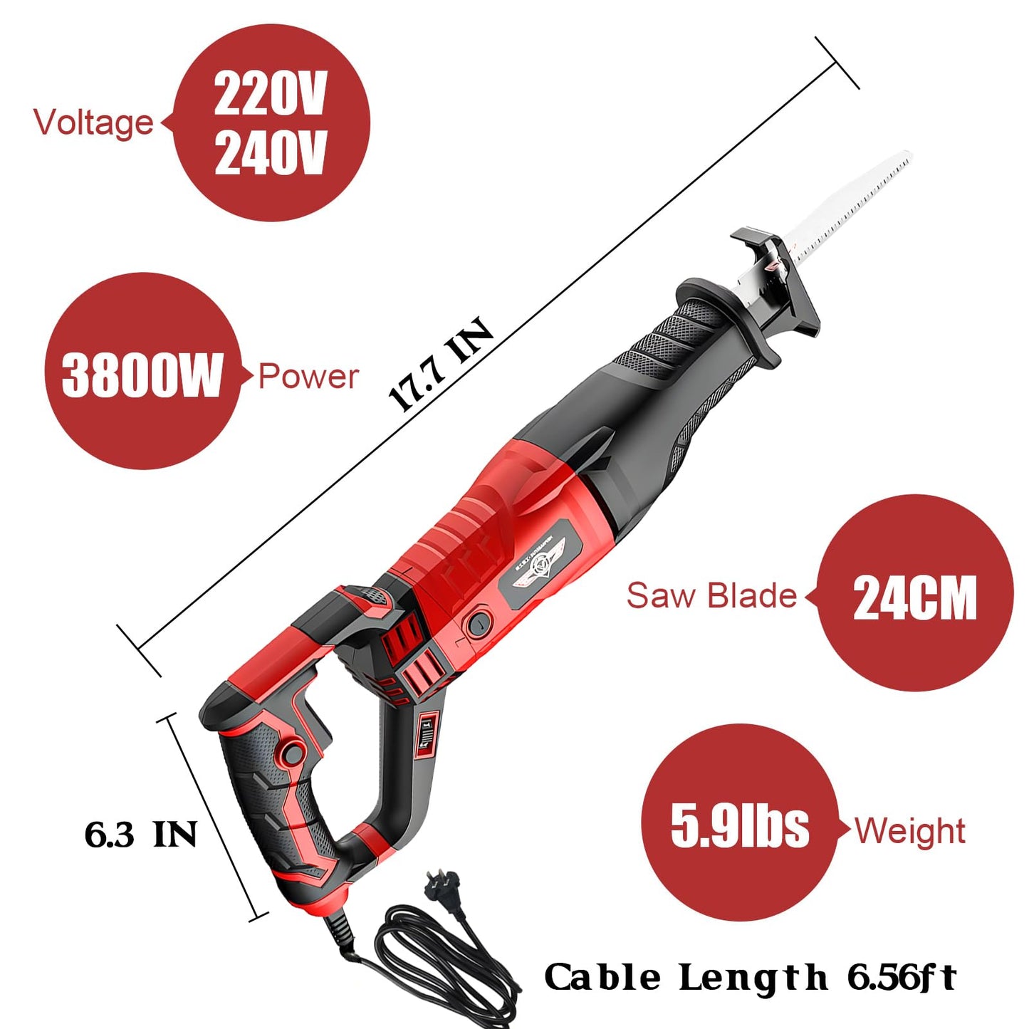 Multi-Purpose 3800W Handheld Electric Saw, 6-in-1 Cutter for Meat Bone, Wood, Metal, Plastic, Aluminum, Heavy Duty Bone Saw Machine Kit with Gloves & Goggles (220V)