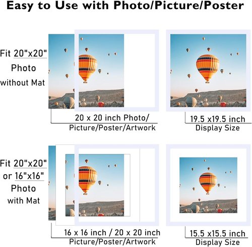 JCJMY 20x20 Picture Frame - White Wall Hanging Frame with 16x16 Mat & Shatter Resistant Plexiglass
