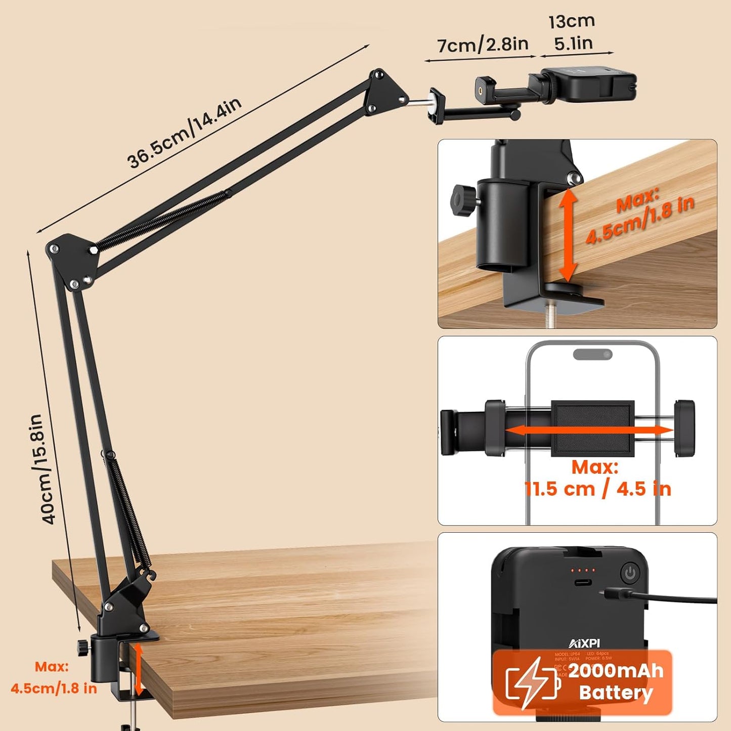 AIXPI Overhead Phone Mount with LED Selfie Light and Bluetooth Remote, Rechargeable Camera Light Tripod Stand
