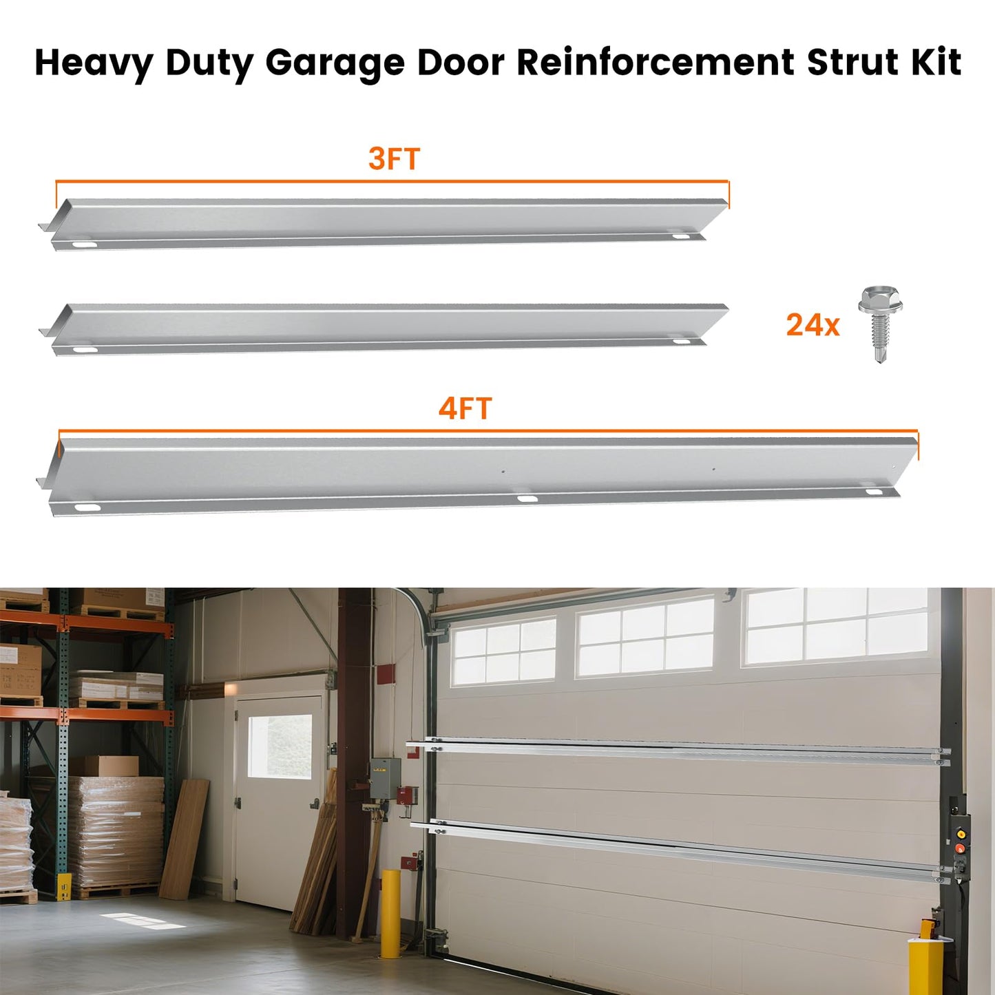 9FT Garage Door Reinforcement Strut Kit, 18-Gauge Heavy Duty Steel Support - 1.2M Extended Center Segment for Superior Strength, Anti-Sag & Noise Reduction, Fits 9ft Single Doors, Easy DIY Kit