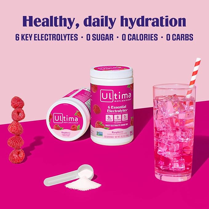 Ultima Replenisher Daily Electrolyte Powder Drink Mix ??Sugar Free ??Raspberry, 90 Servings ??Hydration Powder with 6 Key Electrolytes and Trace Minerals ??Keto Friendly, Vegan, Non-GMO