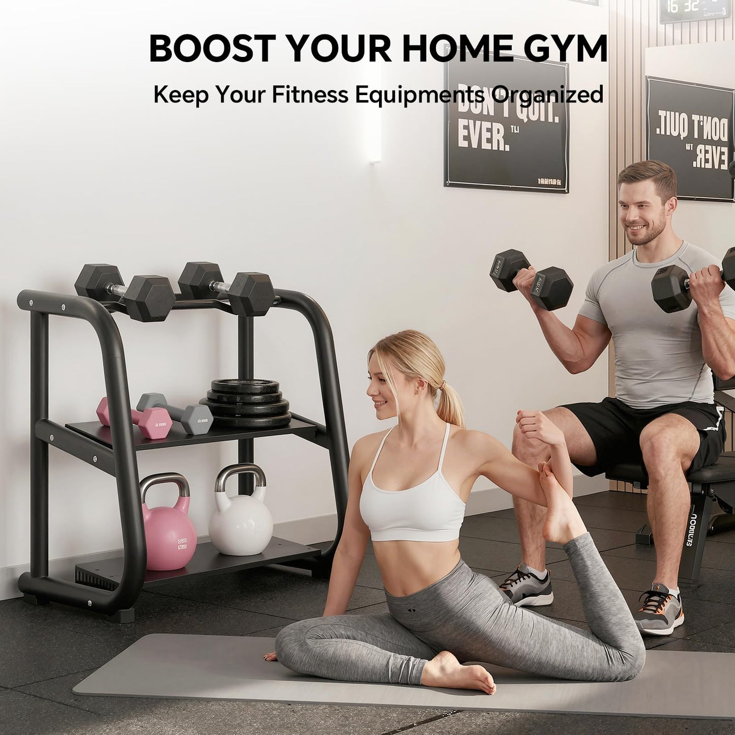 Home Gym Storage Rack, 3-Tier Heavy Duty Workout Equipment Organizer for Dumbbells, Kettlebells, Yoga Mats & Fitness Gear - Multi-Purpose Weight Rack for Garage and Home Gym Organization