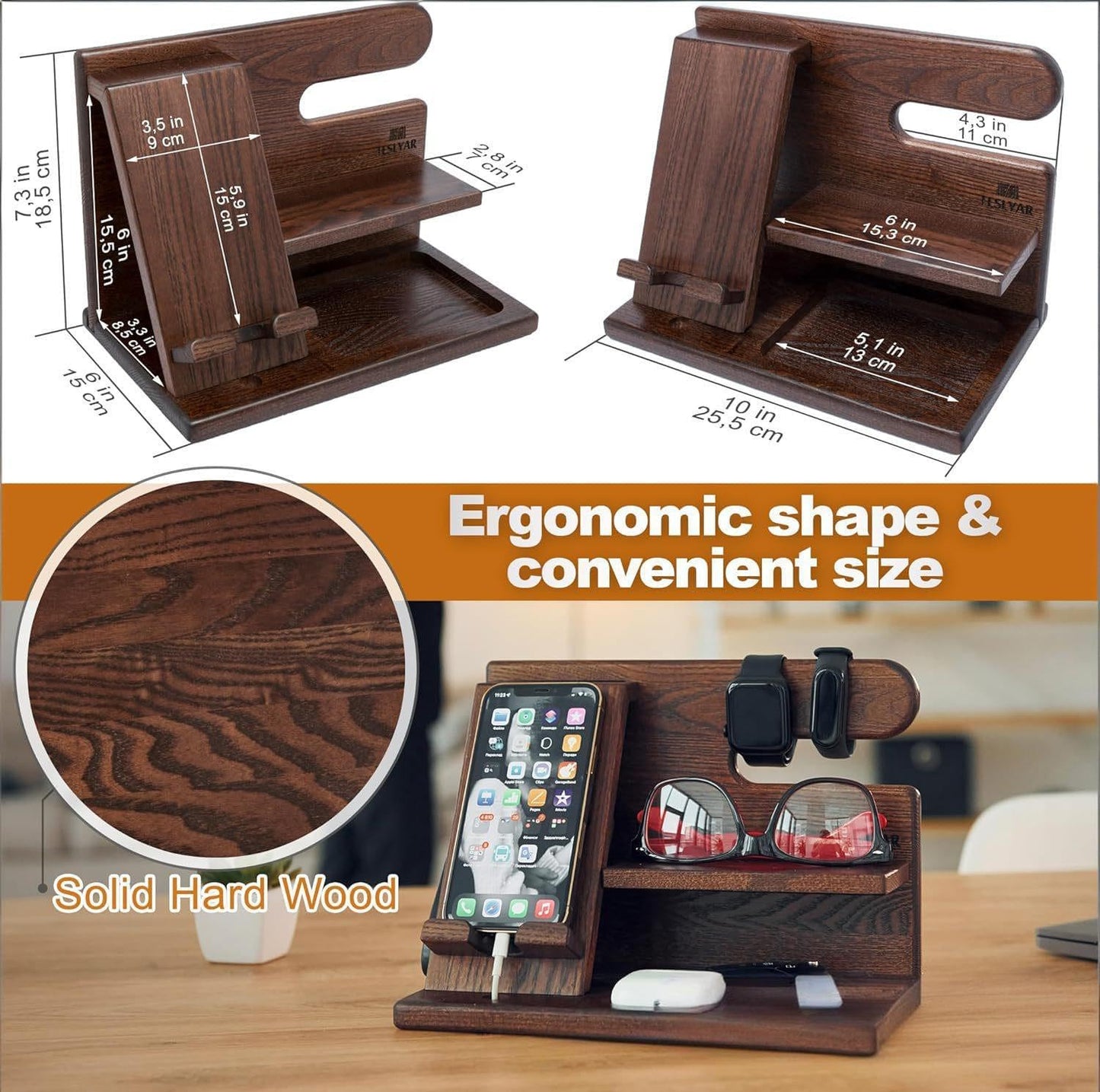 5-in-1 Wood Phone Docking Station, Desktop Organizer for Phone, Watch, Keys, Glasses & Office Supplies, Birthday Gifts