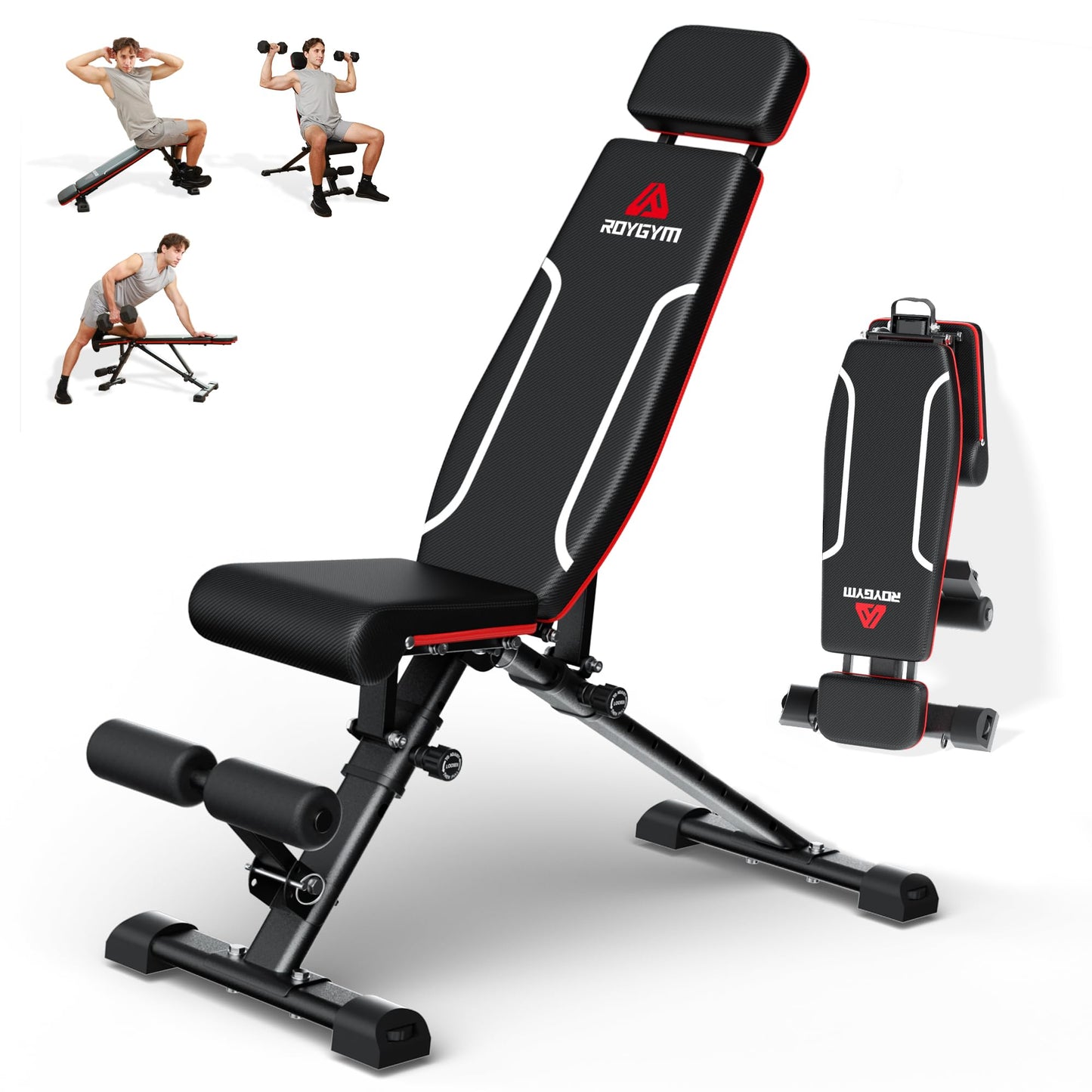 Roygym Adjustable Weight Bench, 880LB Foldable Workout Bench with Extended Headrest for Full Body Strength Training Bench Press, Incline Decline Bench with Folding
