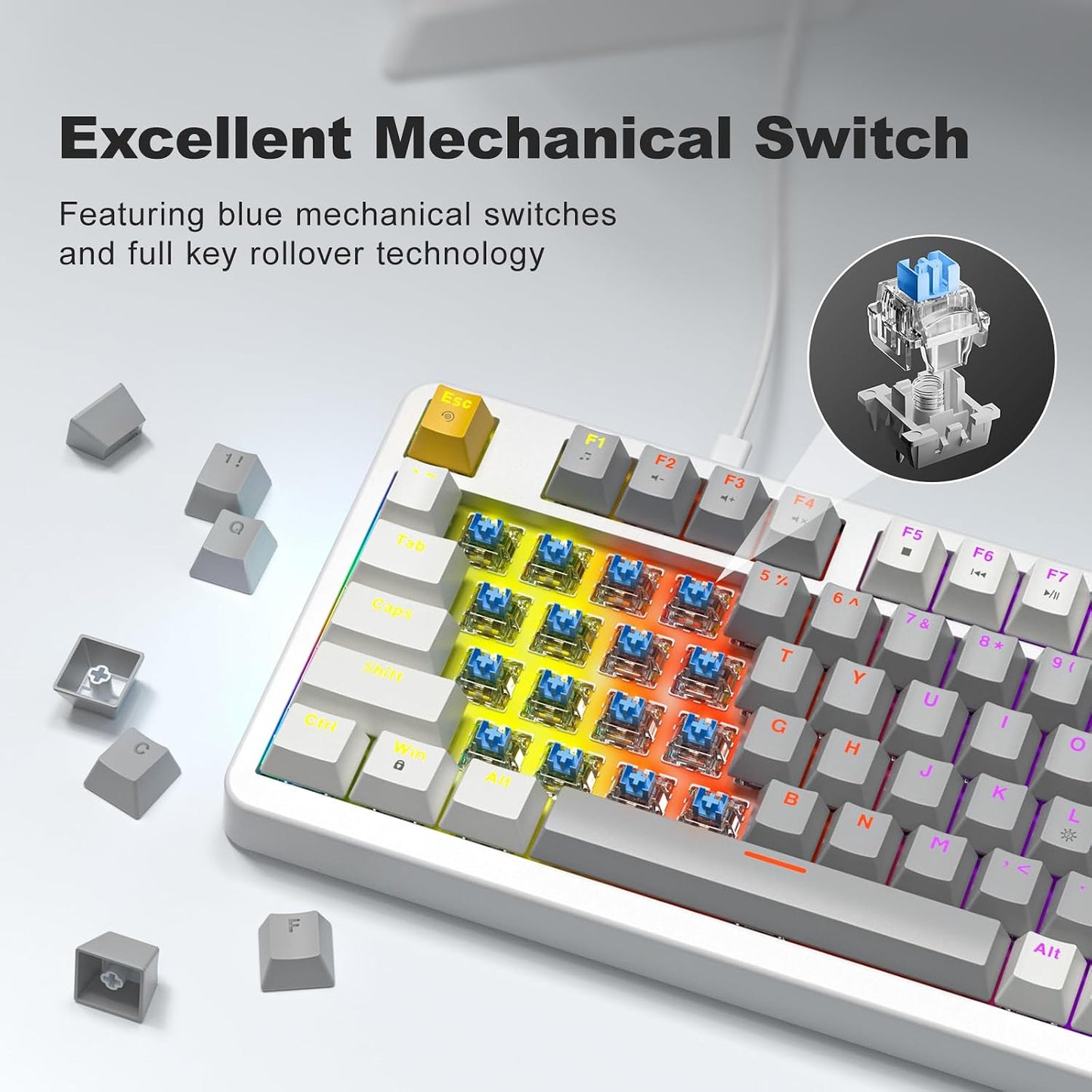 MOFII AK96 Programmable, Mechanical Gaming Keyboard, Full Keys LED Backlit Plug and Play USB A/C Wired Computer Custom