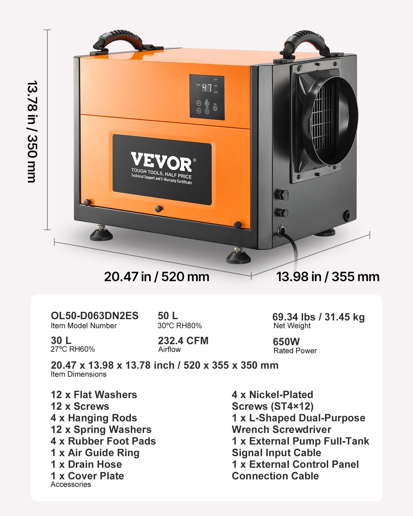 VEVOR 125 Pints Commercial Dehumidifier with Drain Hose, Portable Crawl Space Dehumidifiers for Basement Storage Room Industrial Grade, Auto Defrost/Drainage, Heavy-duty Galvanized Steel, LED Indicate