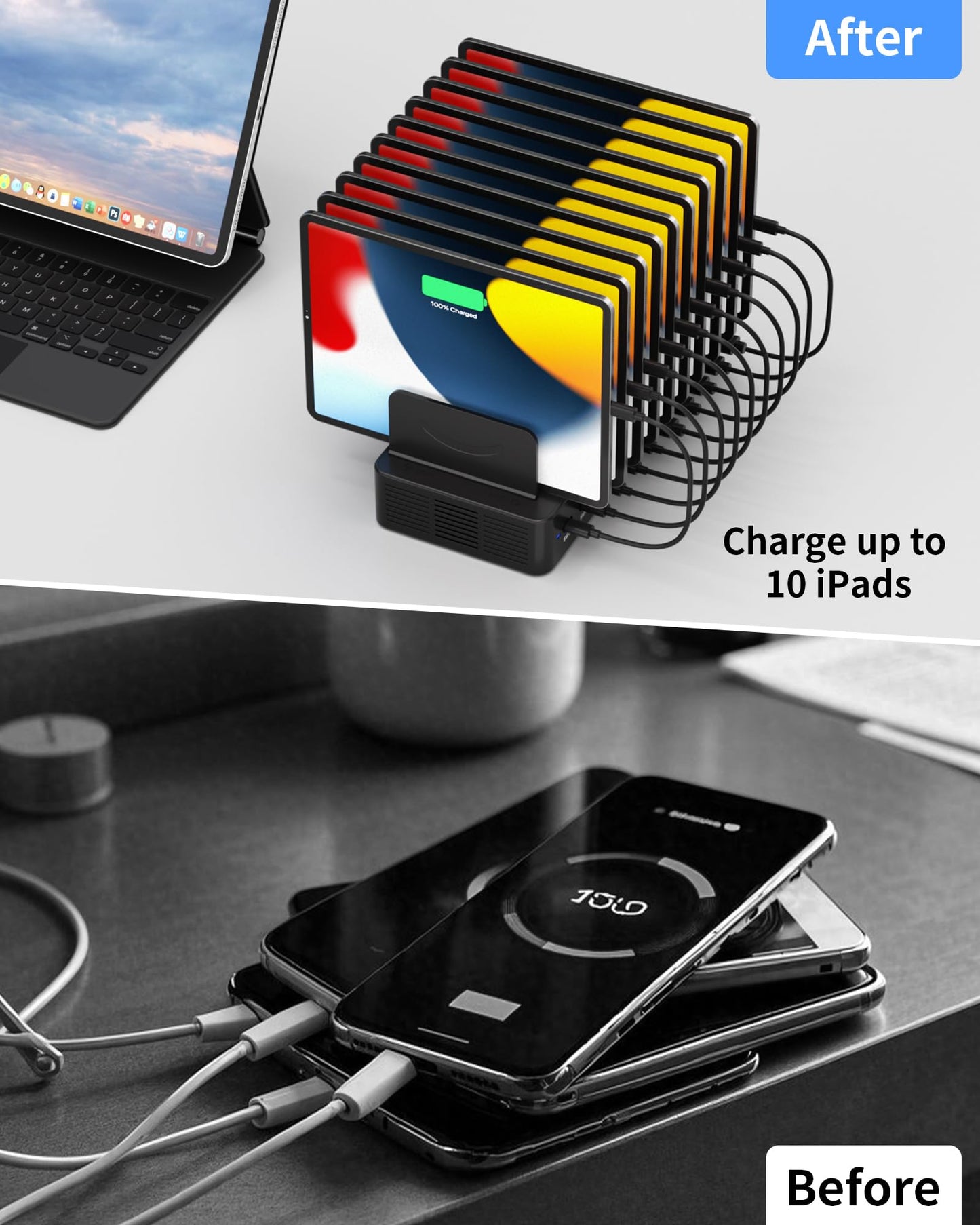 100W Charging Station for Multiple Devices, 10-Port USB Fast Charging Station with Adjustable Dividers & 10 Cables- Multi Device Organizer Charging Dock for iPhone, iPad, Tablets & More(Black)