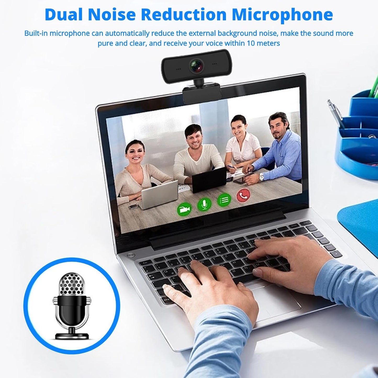 Yunseity 1440P 360 2 Webcam with Microphone, HD USB Computer Web Camera with Rotation, Auto Light Correction Mics