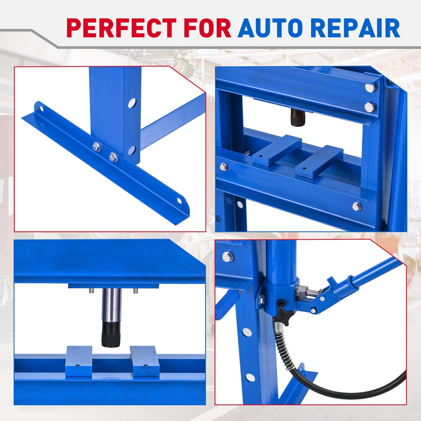 GarveeTech 10 T Hydraulic Press, Heavy Duty H Frame Garage Hydraulic Shop Press with 2 Press Plates, Adjustable Work Table Height Blue
