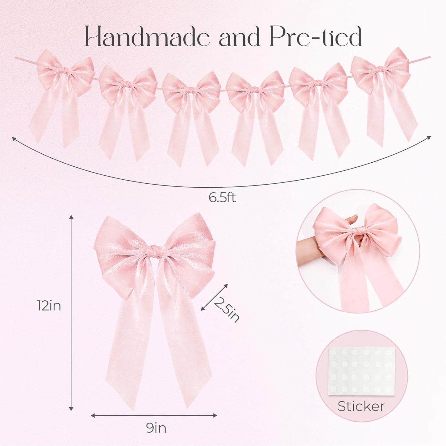 Skiennix 6.5ft Pink Bows Garland Banner - 6 Pcs Pre-Strung Bow Party Decorations for Birthdays & Showers