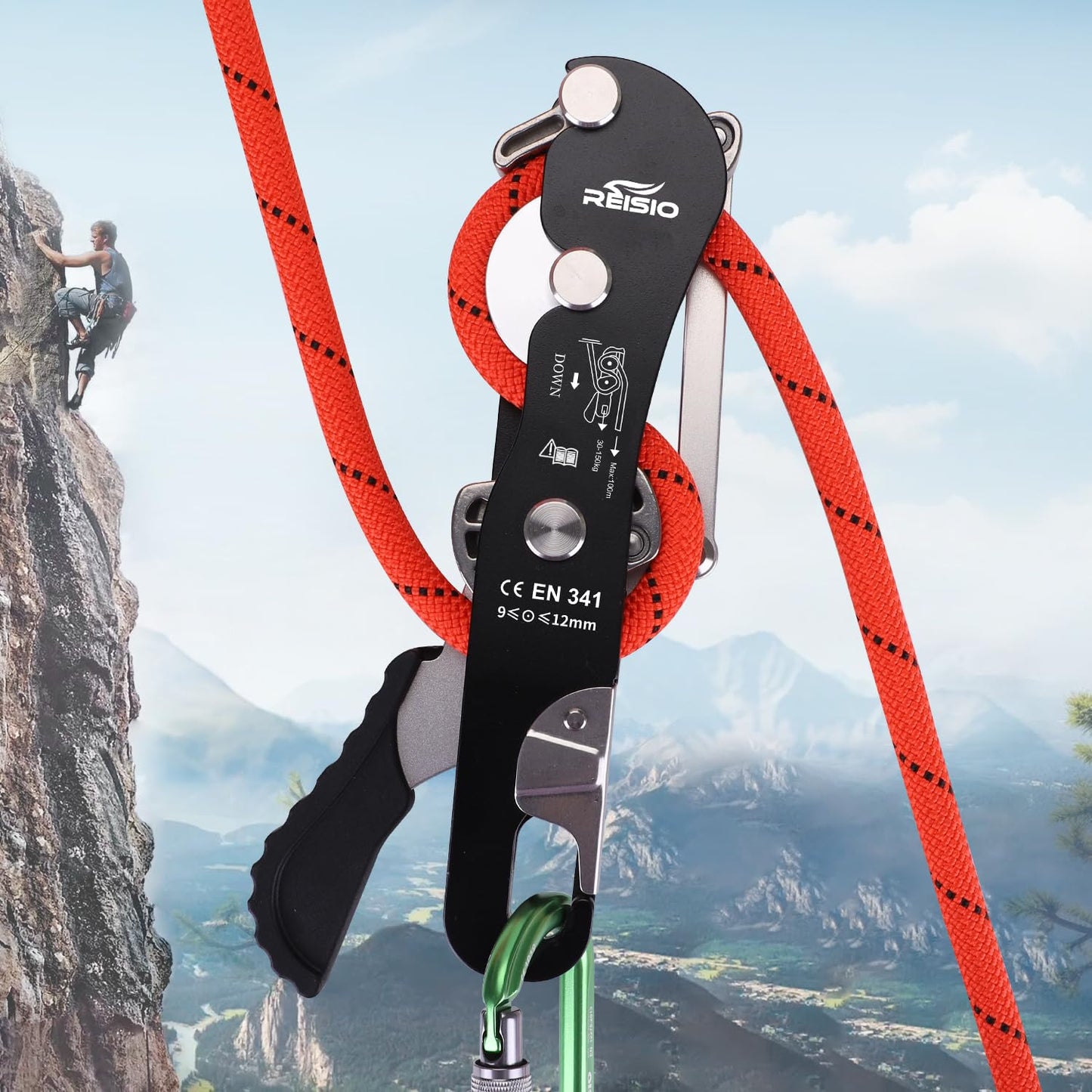 REISIO Climbing Stop Descender for 9-12mm,Self-Braking Self Locking Belay Device Rescue Equipment Hand Controls with Mountain Climbing Cave Rappelling Aerial Work Rescue Activities (Black)