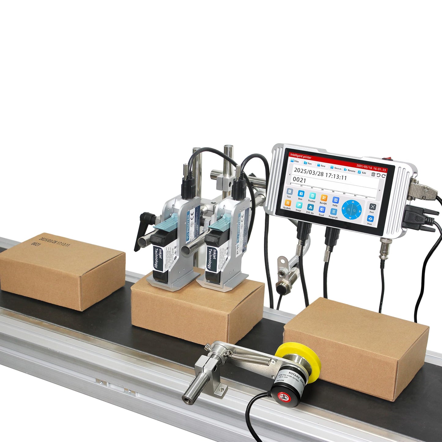 Phezer 1inch/25.4mm Automatic Online Inkjet Coding Machine for Production Line, 23 Languages, Intelligent Variable Data/Date/Logo/Barcode/Image Thermal Inkjet Printer, (2 Nozzles, 70M/min, PW2-1)