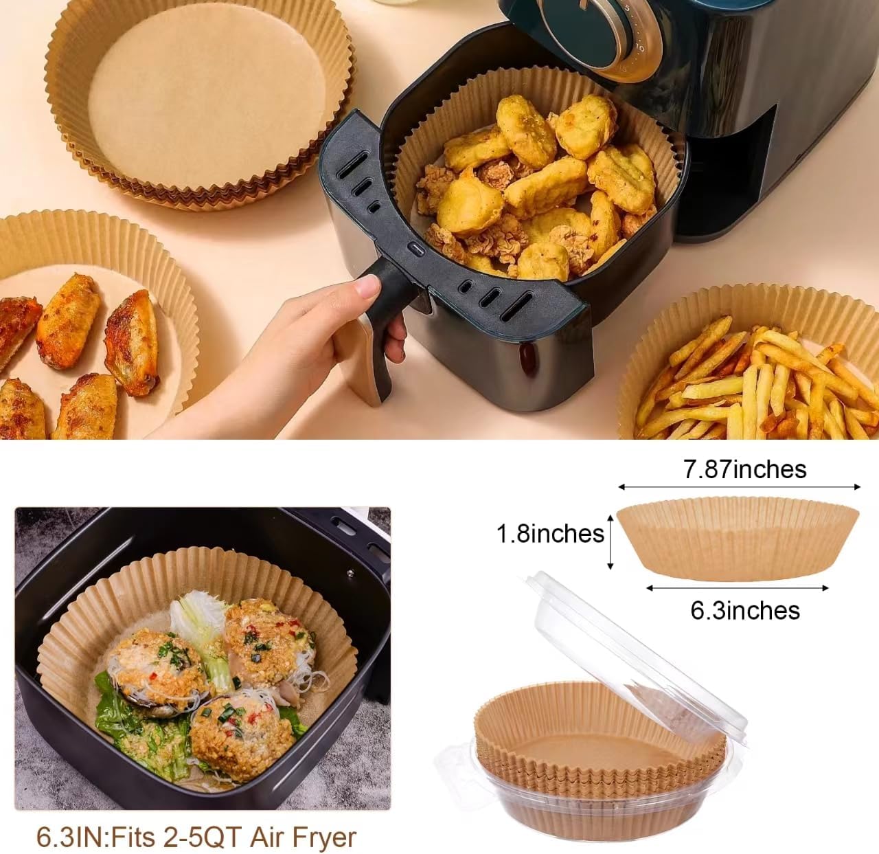 Skiennix Disposable Air Fryer Liners - 100PCS Non-Stick Parchment Paper, 6.3 Inch for 2-5QT Air Fryers