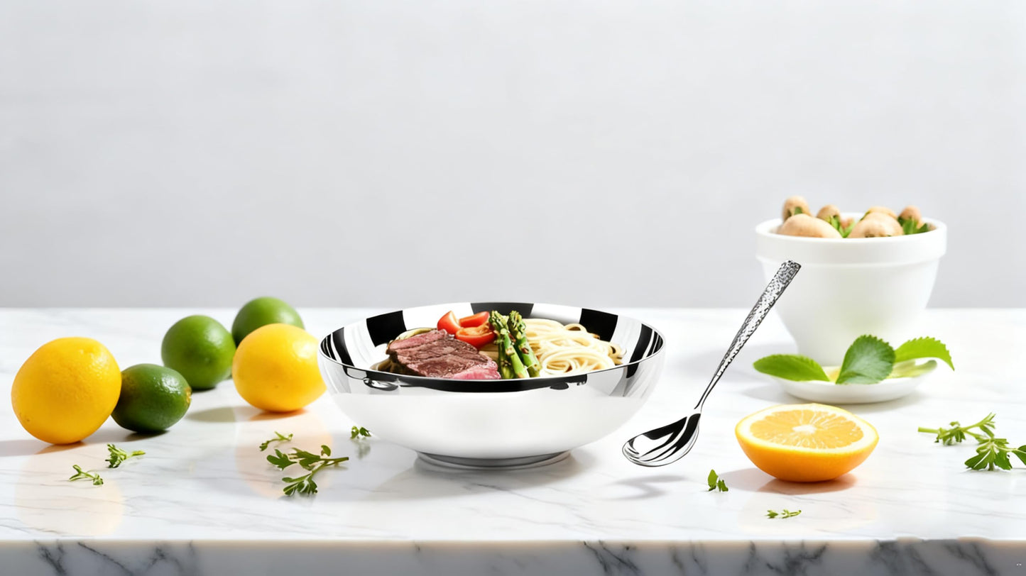 LANGMINGDE 6-Piece 304 Stainless Steel Pasta Bowl Set, 47 Fl Oz (8.7 Inches), Double-Layer Insulated And Heat-Resistant, Salad Bowl, Chilled Bowl, Ice Cream Bowl, Party Sauce Seasoning, Dining Bowl.