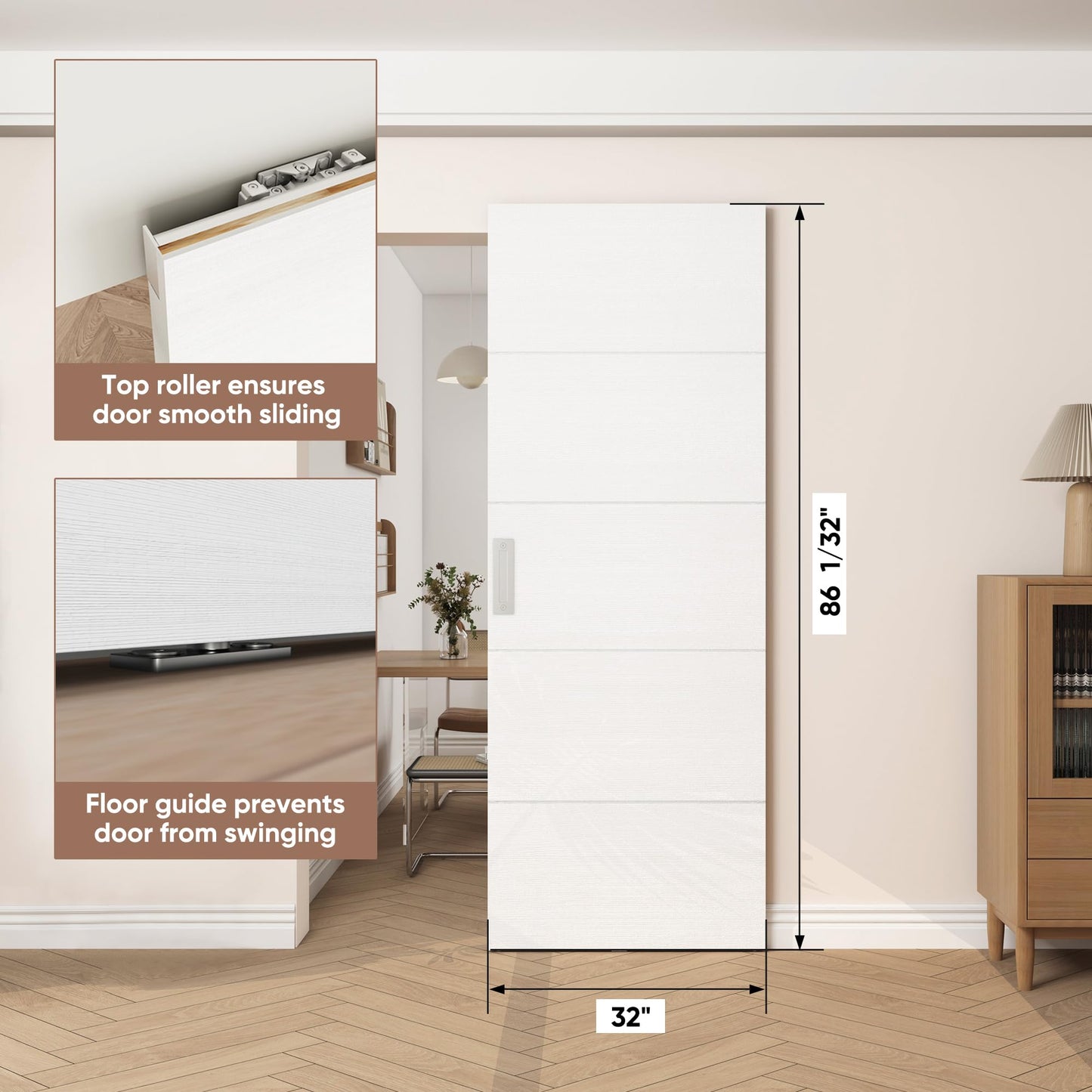JUBEST 32"x86" Concealed Sliding Barn Door with Horizontal Groove and Soft Close Hardware Kit, White Flush Hidden Door for Opening 24"-28"x84", Waterproof and Smooth Sliding, for Interior Using
