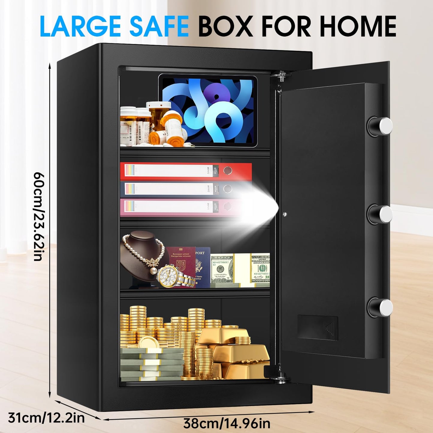 5.2 Cu Ft Large Home Safe Box Fireproof Waterproof, Personal Security Safe with Digital Keypad, Spare Keys, Alarm System and 3 Removable Shelves, Fire Document Safes for Home Money Medicine Valuables
