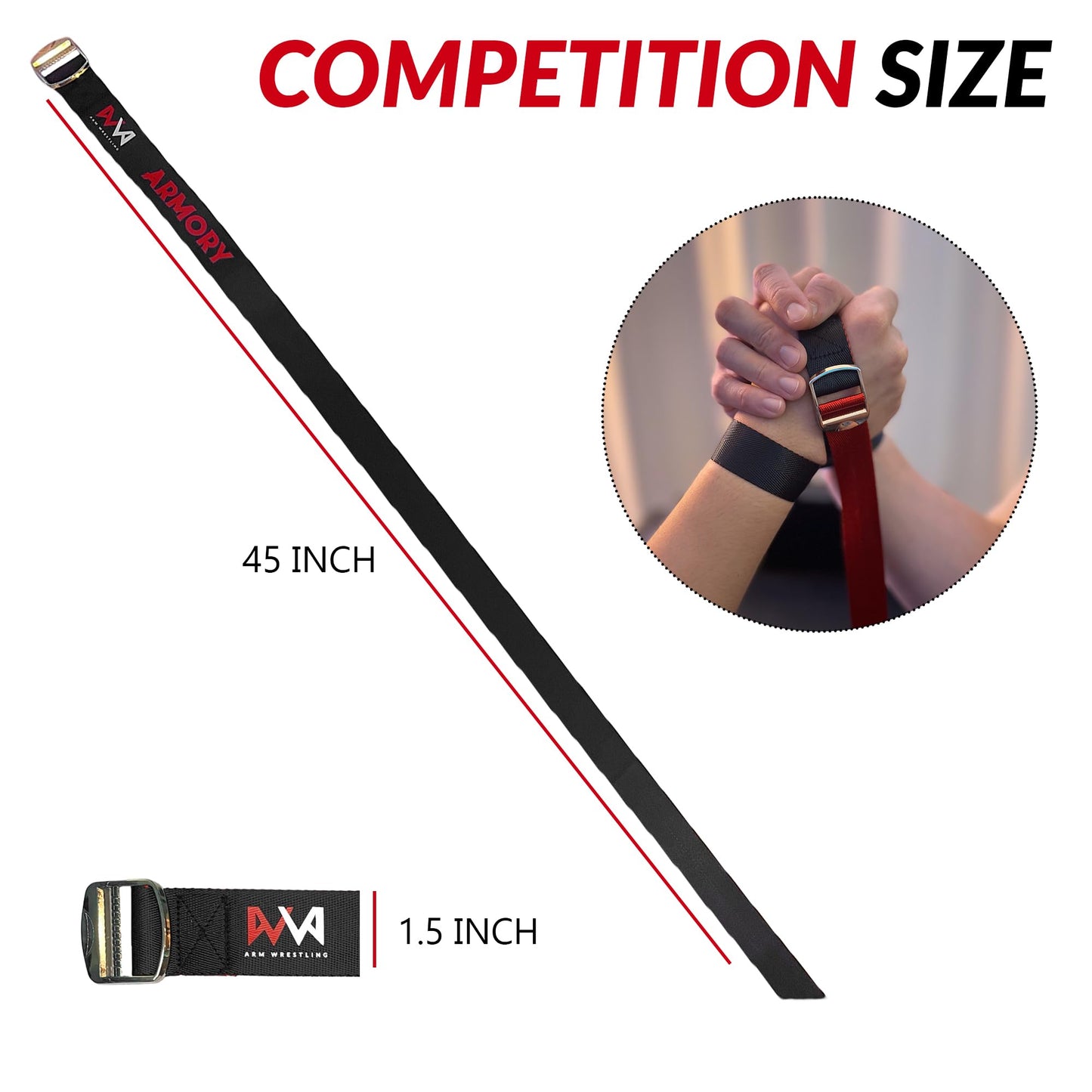 Arm Wrestling Strap Armory | Dual Color for Fair Setup | 45 Inch Long Metal Buckle | Smooth Rock Climbing Premium Grade Nylon | Pronation Supination Hand Forearm Grip Strengthener Belt | Black and Red (1 inch + 1.5 inch)