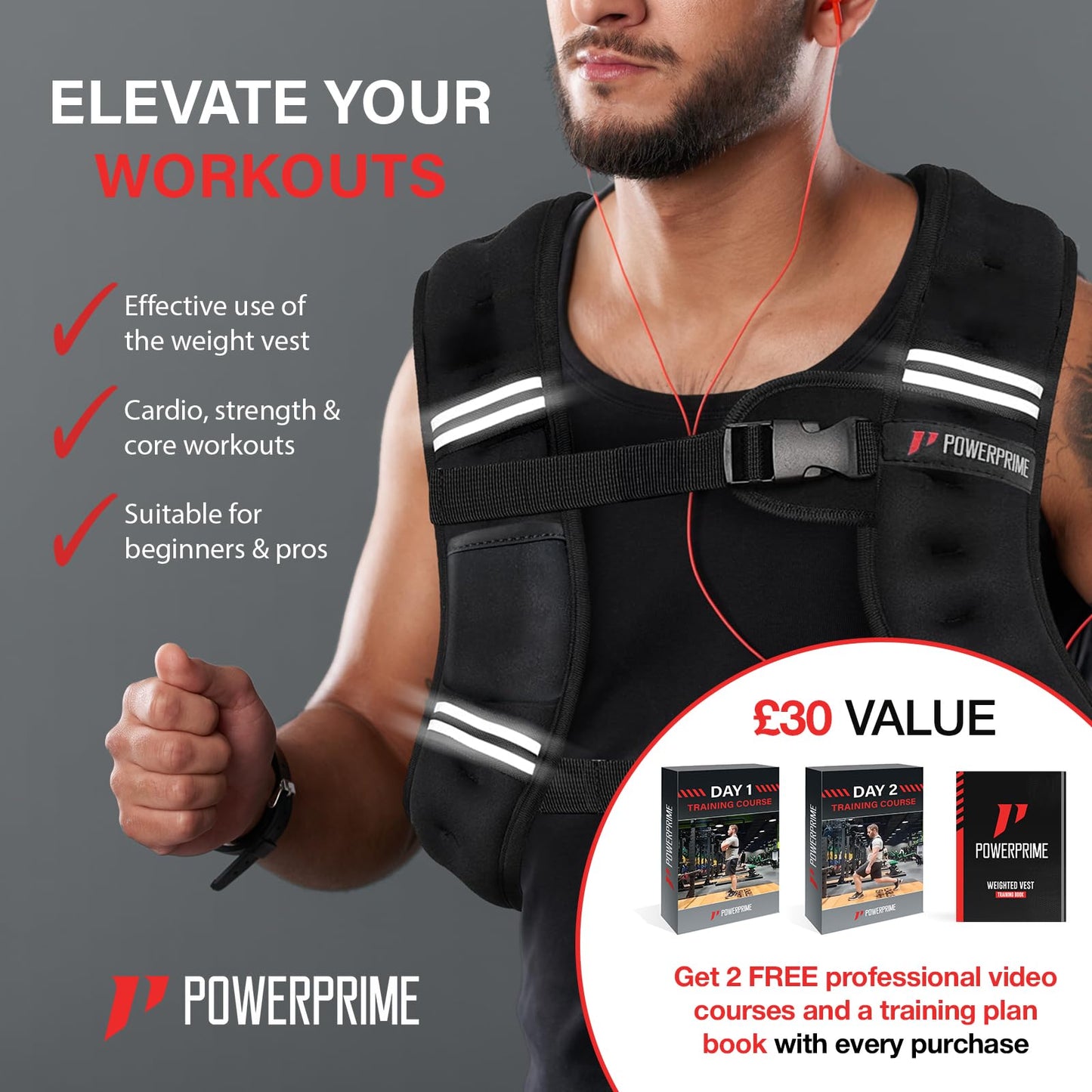 PowerPrime Weighted Vest 11lbs Neoprene for Home Workouts Secure No-Bounce Fit, Adjustable Training Vest for Running & Strength Training