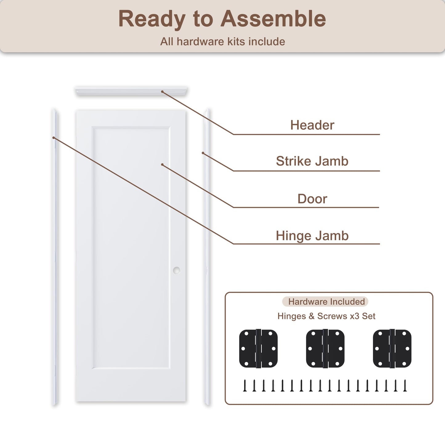JUBEST 30"x80" Right-Hand Prehung Interior Door with Knock Down Jamb Kit & Matte Black Hinges, 1-Panel White Primed Hollow Core Molded Door Slab with Bore & Hinge Cutout, Durable & Sturdy, No Handle