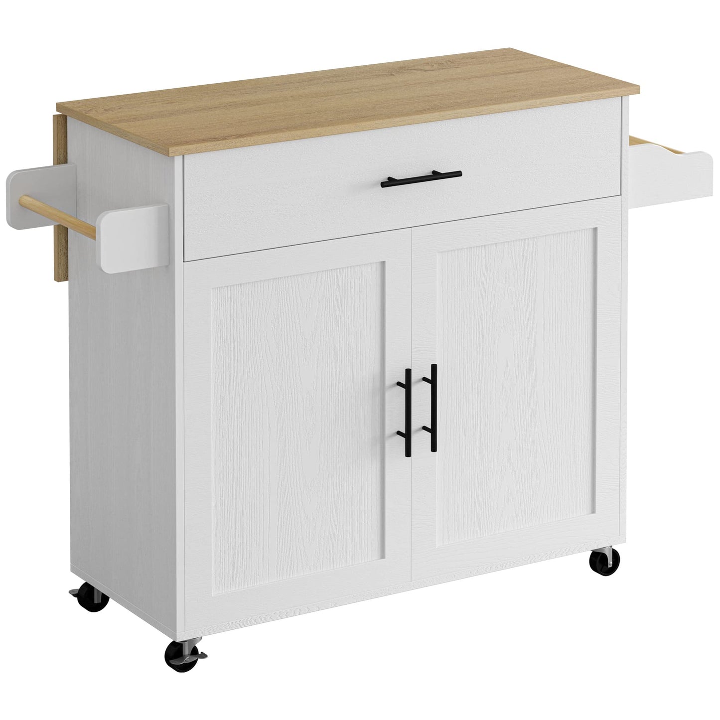 IRONCK Rolling Kitchen Island Table on Wheels with Drop Leaf, Storage Cabinet, Drawer, Spice/Towel Rack, Kitchen Cart, 47.25" Wide White