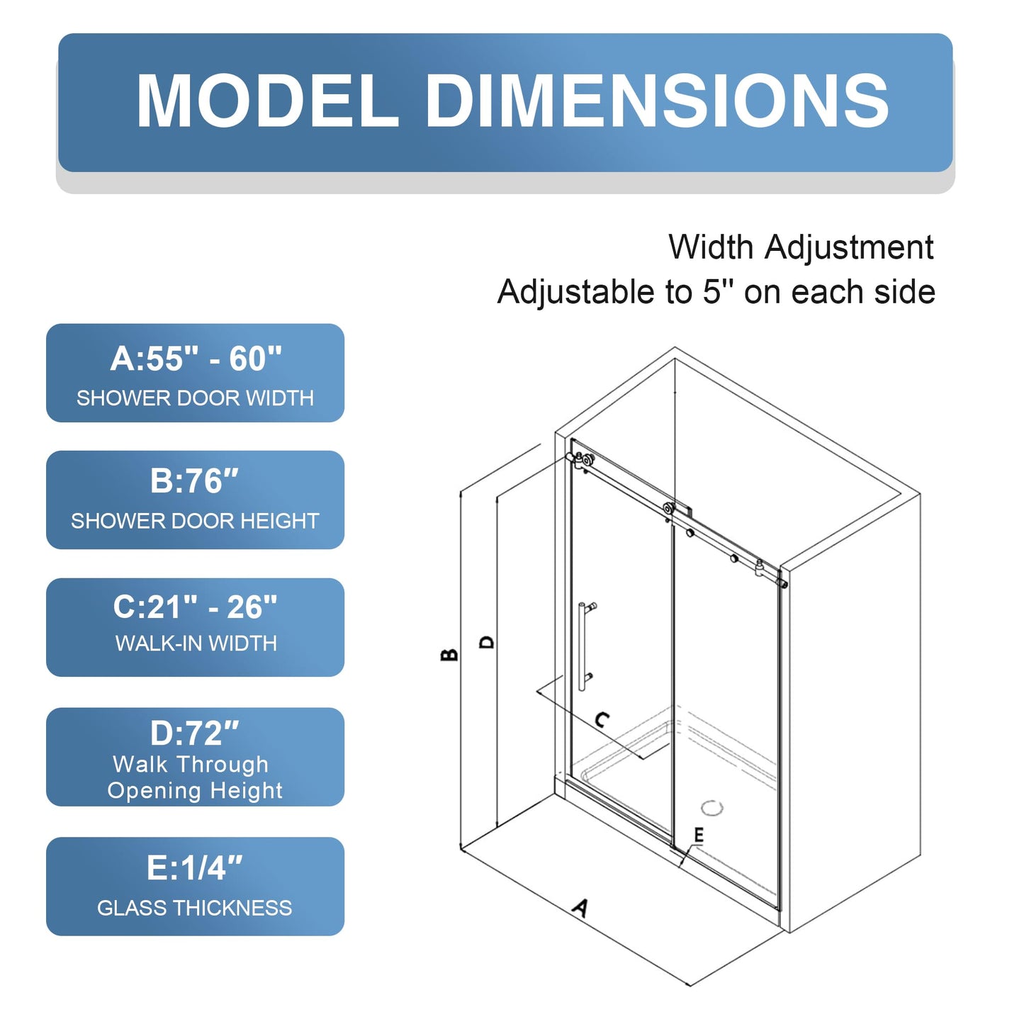 KPUY Frameless Shower Door, 55-60" W x 76" H Sliding Glass Shower Door, 1/4" (6mm) Thick Tempered Clear Glass with Explosion-Proof Film Nano Coating, Stainless Steel Hardware, Matte Black
