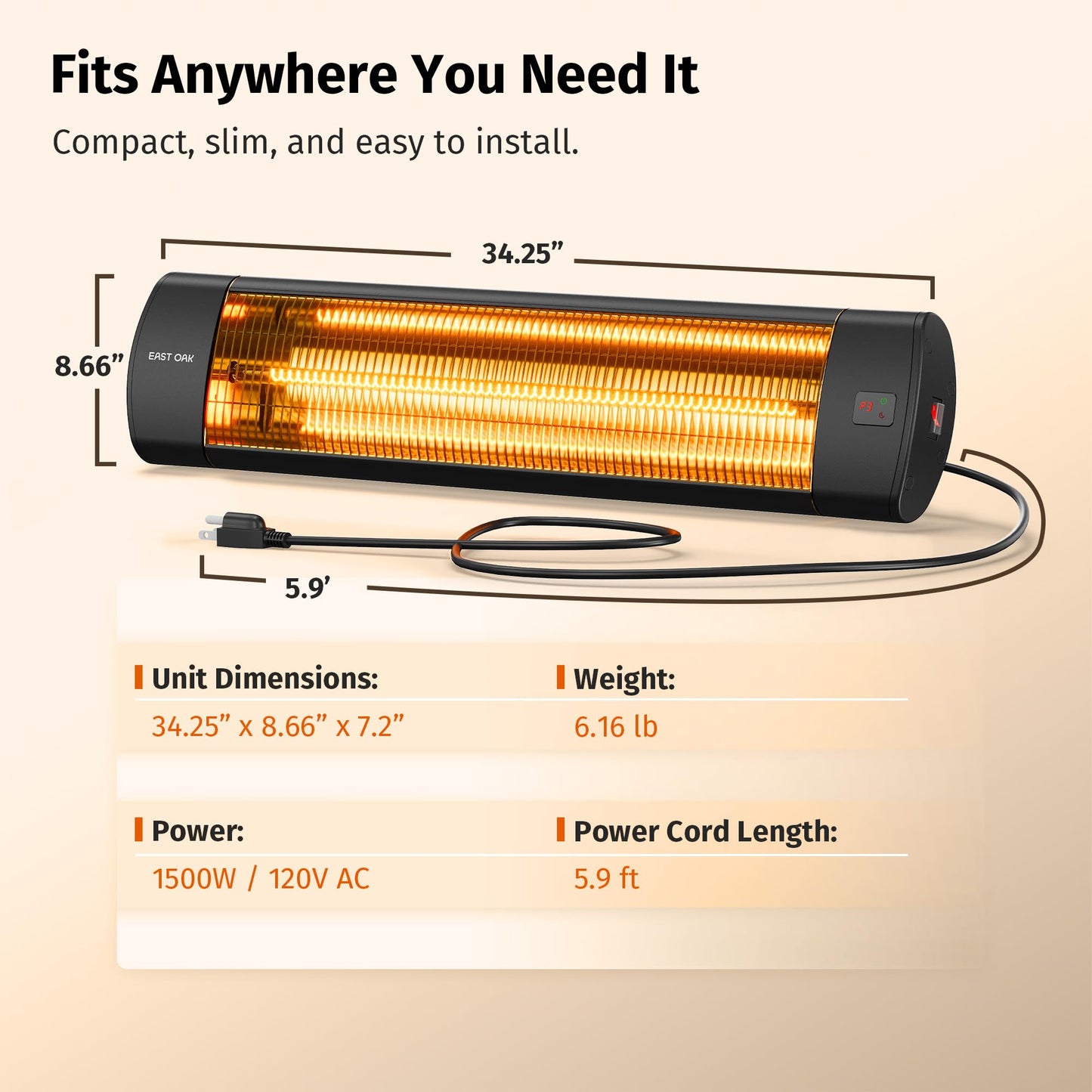 EAST OAK Electric Patio Heater | 1500W Wall Mounted Infrared Heater for Outdoor, Garage, Backyard, Restaurant | 24H Timer, IP65 Waterproof | 3 Heat Levels & Overheating Protection | Black
