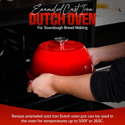 6 QT Enameled Cast Iron Dutch Oven - Sourdough for Bread Baking & Casseroles and more - 10 inch base, includes 5 Blade Bread Lame & Non-Stick Silicone Sling - Oven Safe to 500°F Bread Loaf Pan with Lid - Sourdough Bread Oven - Cast Iron Enamel Bread Loaf