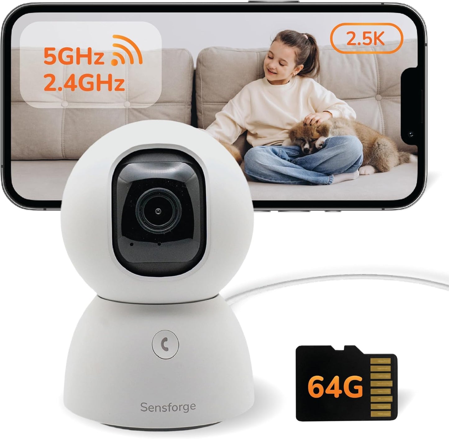 SensForge 2.5K 360 2-Day 64GB (1, Pan-Tilt Security Camera, Dual-Band WiFi Camera for Home, Free AI Human & Pet