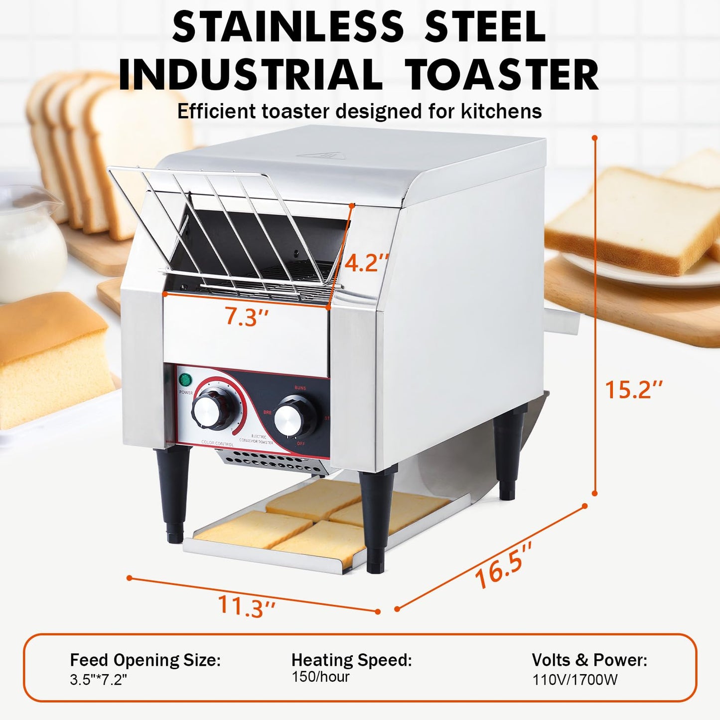 Towallmark Commercial Toaster Conveyor 150 Slices/H Heavy Duty Industrial Conveyor Toaster Stainless Steel Electric Oven with Dual Heating Tube 7-speed Adjustments for Bagel Croissant Bakery Cafe