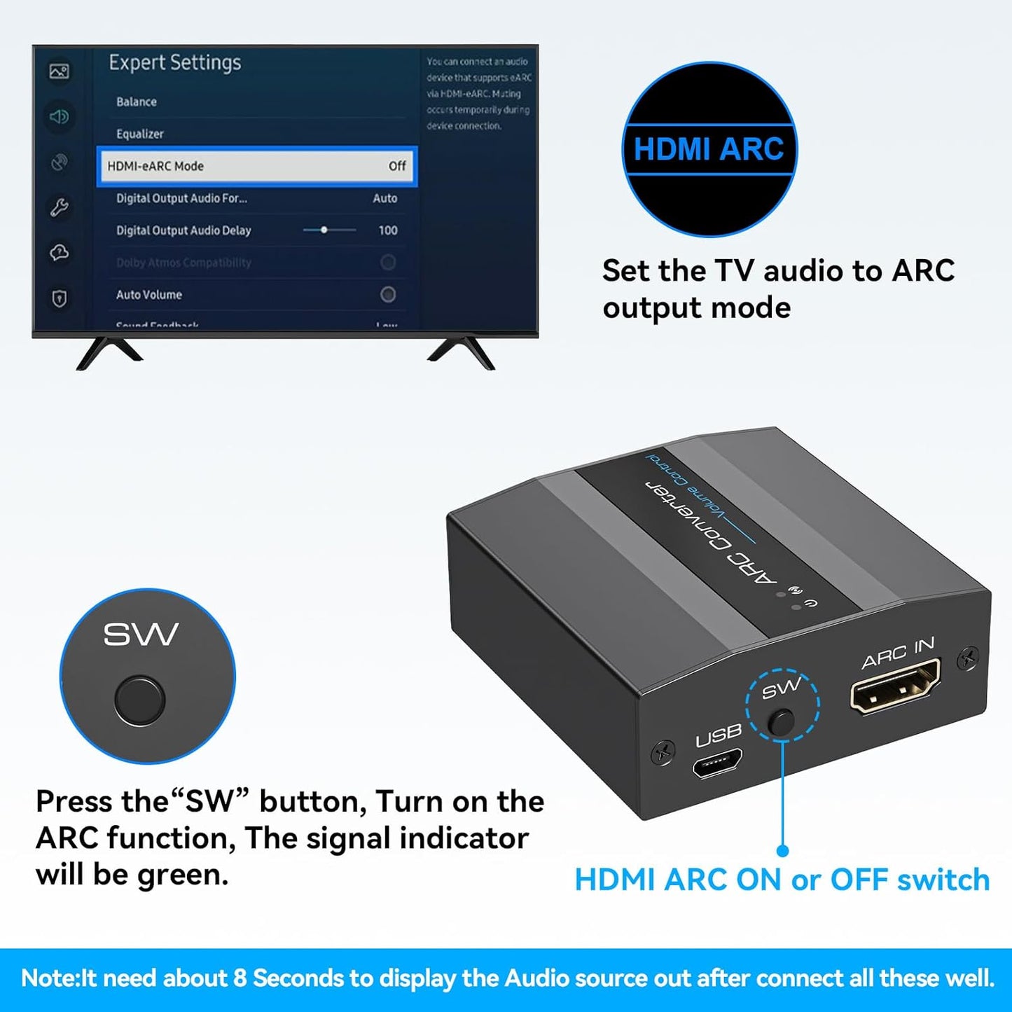 4K60Hz 3.5mm HDMI ARC Adapter HDMI ARC Audio Extractor with and L R Stereo Audio for HDTV Soundbar Speaker Amplifier