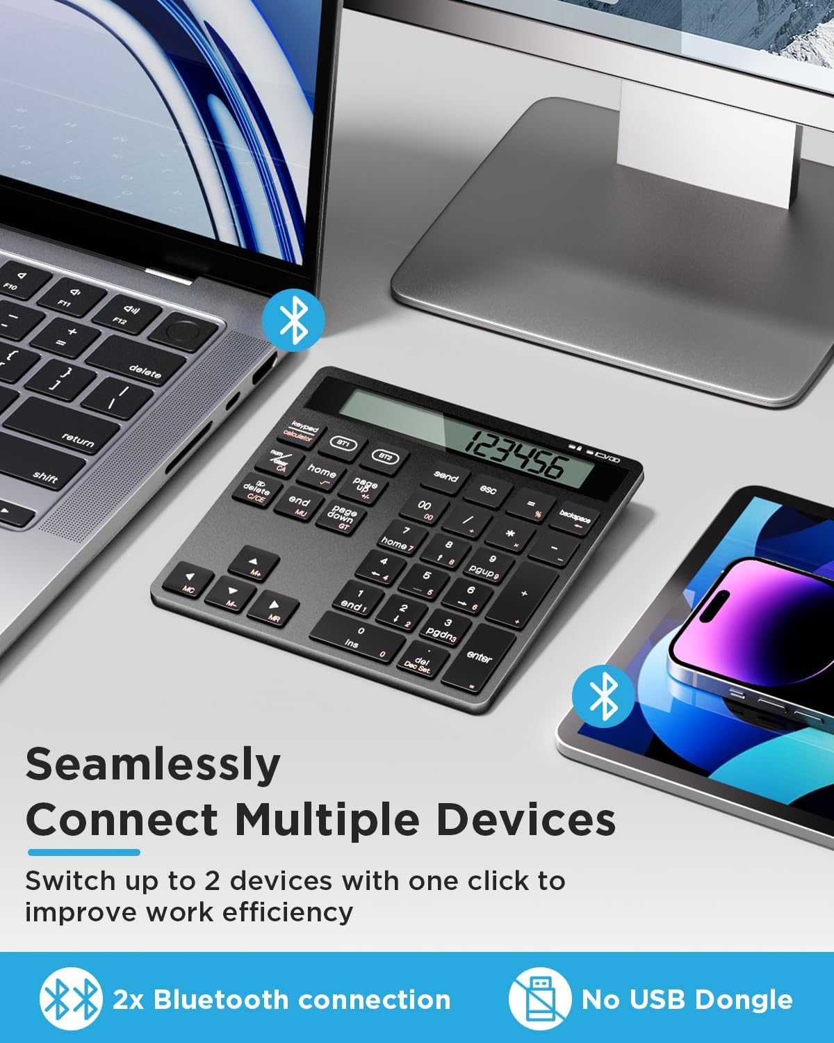 YoFeW 34 2-in-1 Rechargeable Wireless Number Pad for Laptop, Keys Numeric Keypad with Dual Bluetooth & Display, Numpad