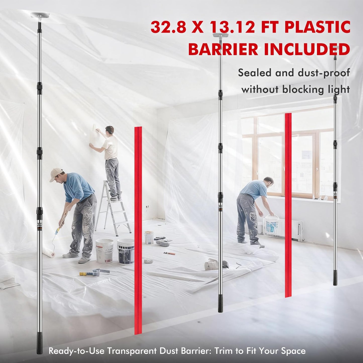 Teodute 10FT Dust Barrier Poles, 4 Pack Spring Retractable Zipper Wall Poles for Dust Barrier System with 2 Heavy-Duty Zippers & Plastic Film, for Interior Decoration, Remodeling & Isolation Work