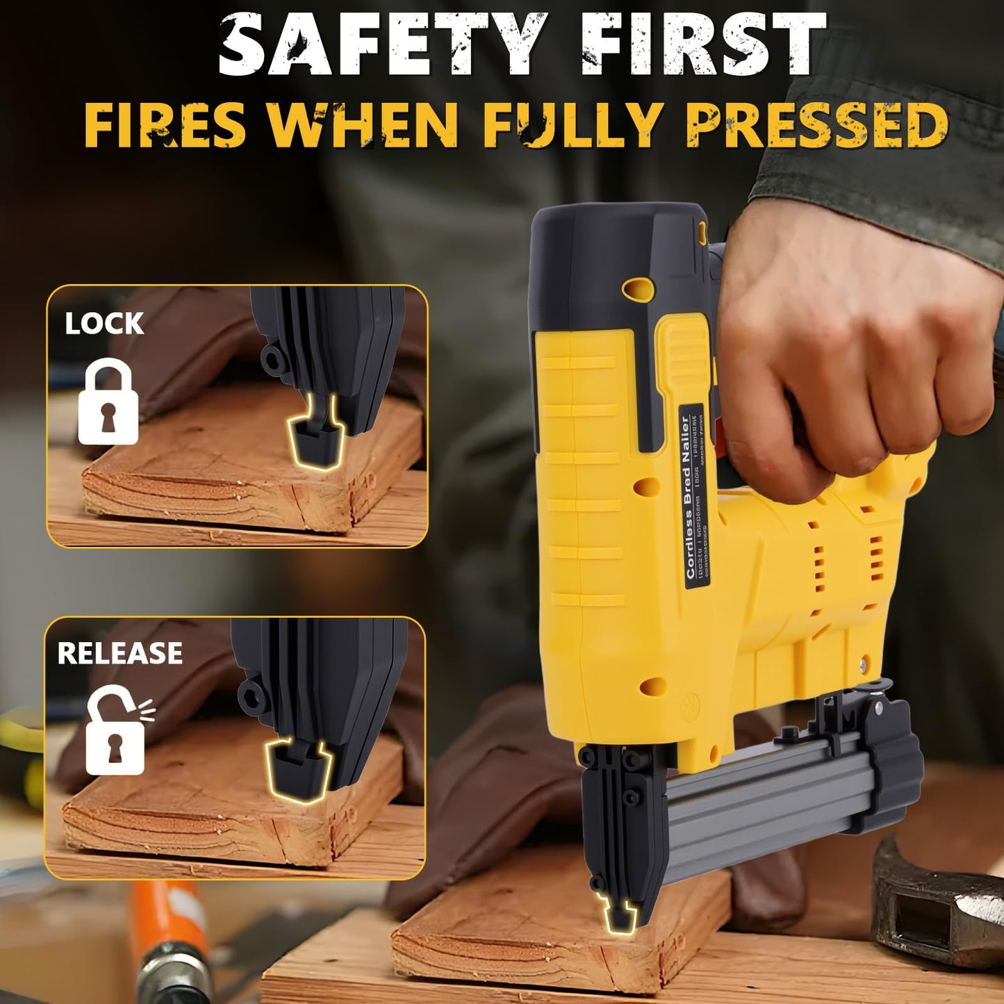WODHMIEY Cordless 2 in 1 Brad Nailer & Staple, Battery Powered, Compatible with De W alt 20V (No Battery), 18 Gauges, Combo Single Mode, Safety Pin, Includes 400 Nails