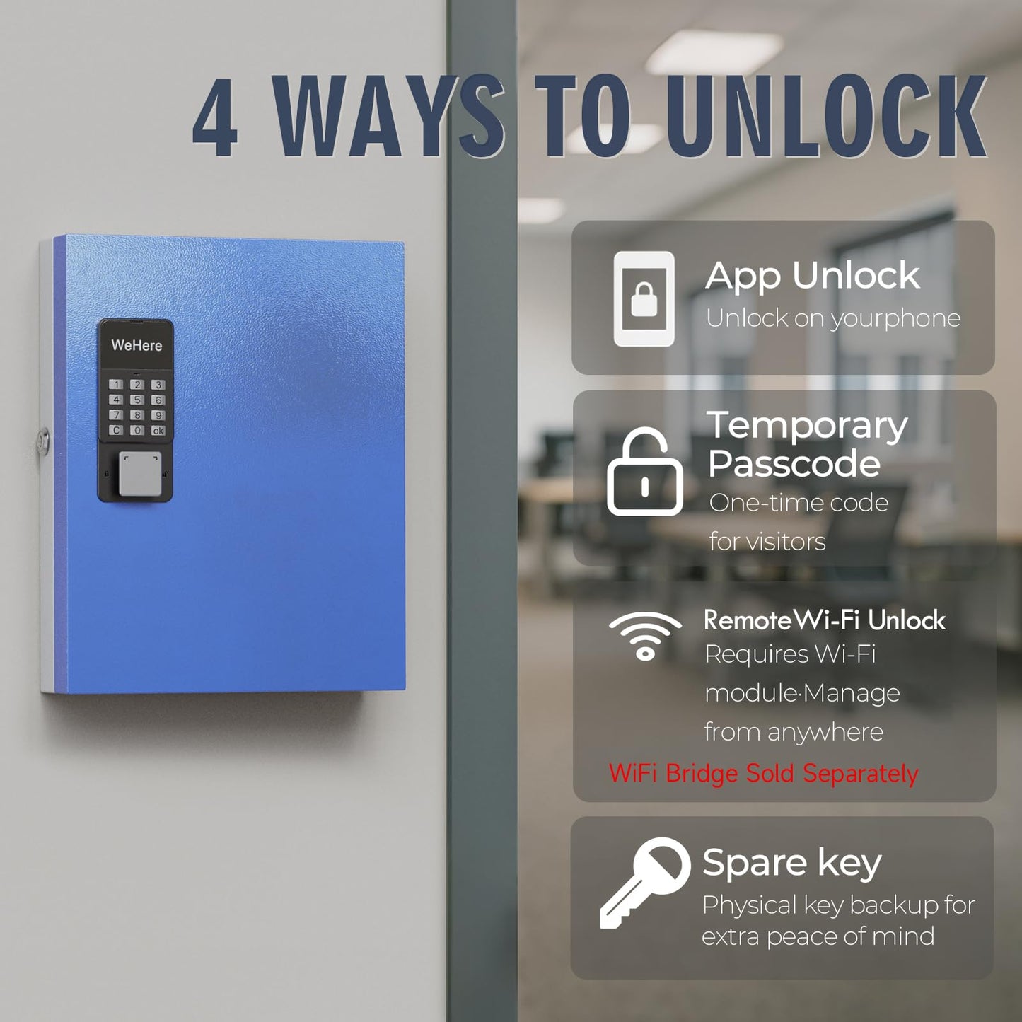 WeHere 32-Key Smart Key Lock Box with Key Management App(Track Key Borrow/Return), Keypad, Bluetooth & WiFi Unlock (Sold Separately), Wall-Mount Commercial Key Cabinet for School, Rental, Office