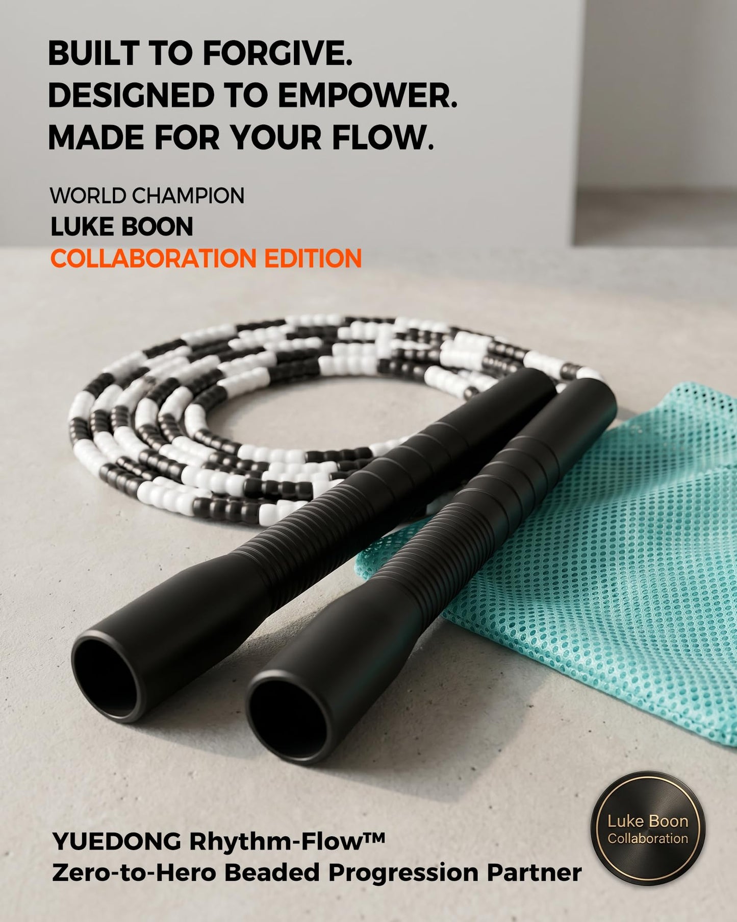 YUEDONG Soft Beaded Jump Rope - World Champion Luke Boon Recommended, Adjustable Tangle-Free, Pain-Free TPU Beads & Anti-Slip Long Handles, Fitness Workout for Adults Kids with Carry Bag(BLACK)