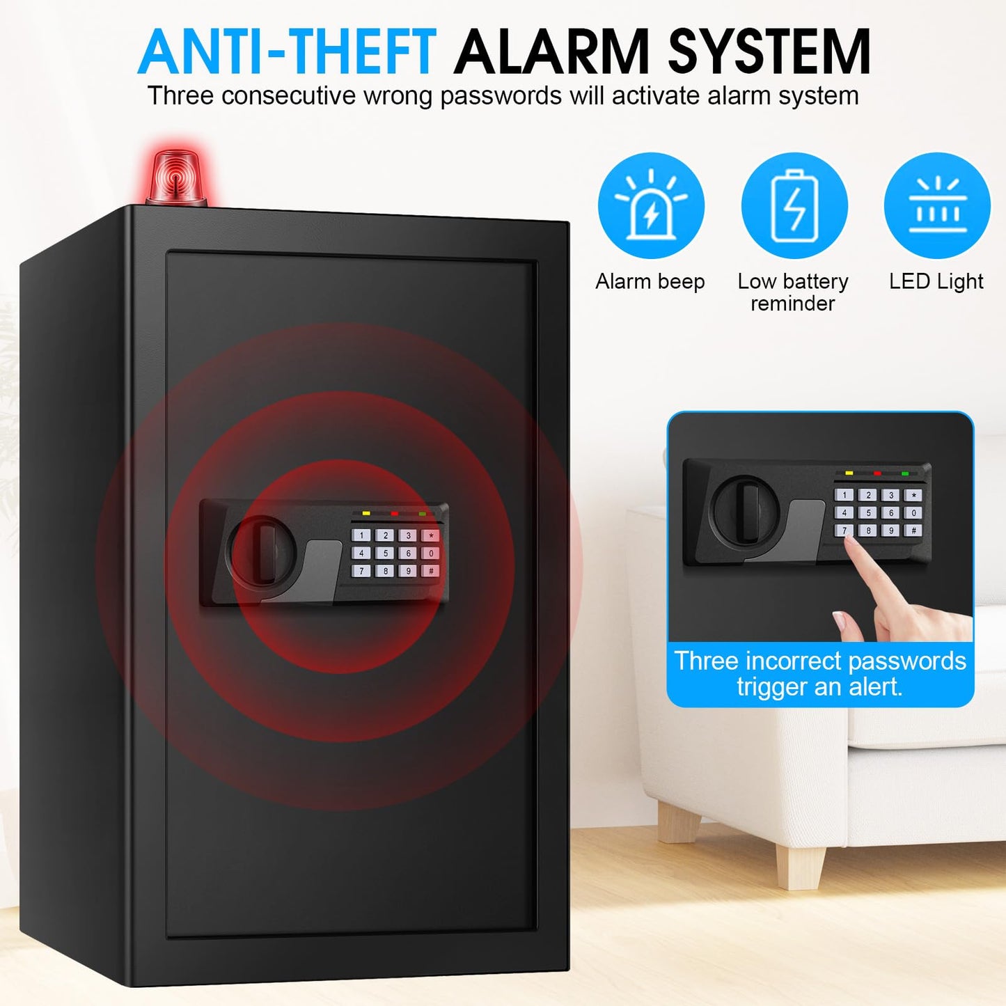 5.2 Cu Ft Large Home Safe Box Fireproof Waterproof, Personal Security Safe with Digital Keypad, Spare Keys, Alarm System and 3 Removable Shelves, Fire Document Safes for Home Money Medicine Valuables